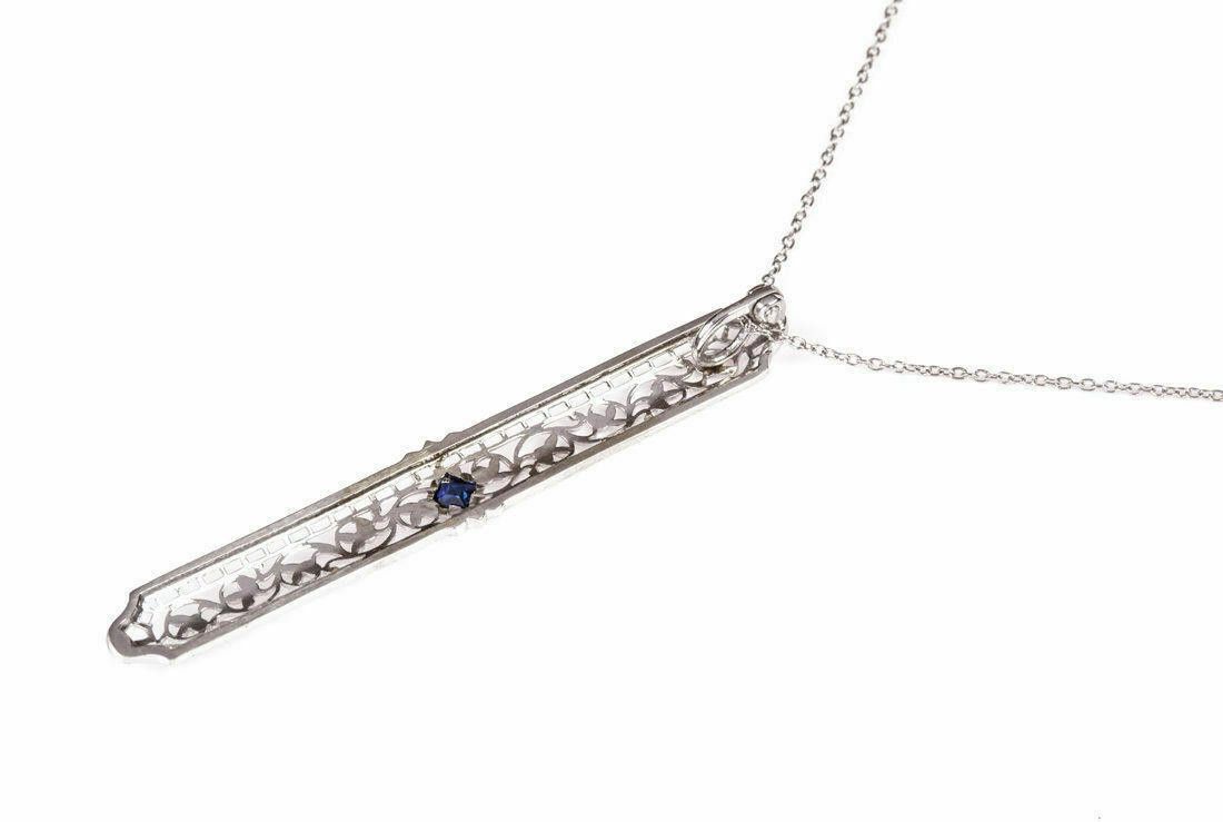 Designer Art Deco 14kt White Gold Filigree Necklace with Sapphire Size ONE SIZE - 3 Thumbnail