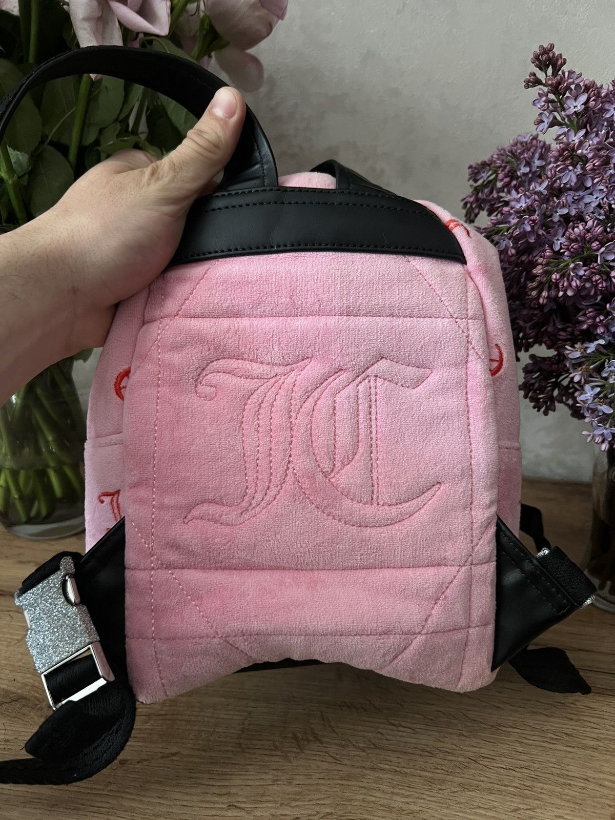 Juicy Couture Juicy Couture Monogram Pink Velour Backpack Size ONE SIZE - 3 Thumbnail