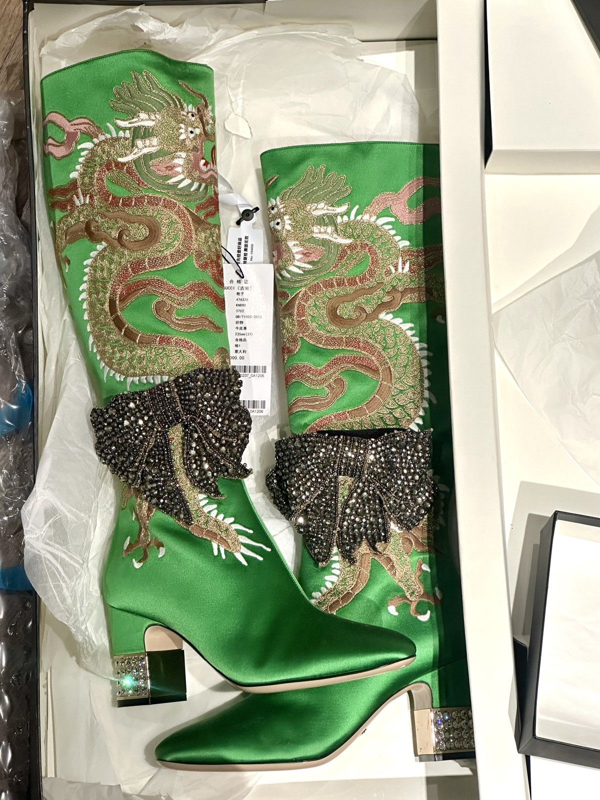 Gucci Runway Lime Green Dragon Boots With Sparkly Bows Size US 7.5 / IT 37.5 - 3 Thumbnail