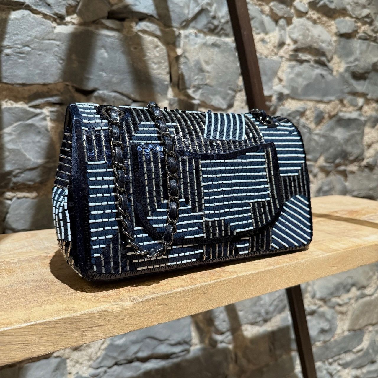 Chanel Chanel Navy Blue Satin Sequin Beaded Medium Double Flap Bag Size ONE SIZE - 5 Thumbnail