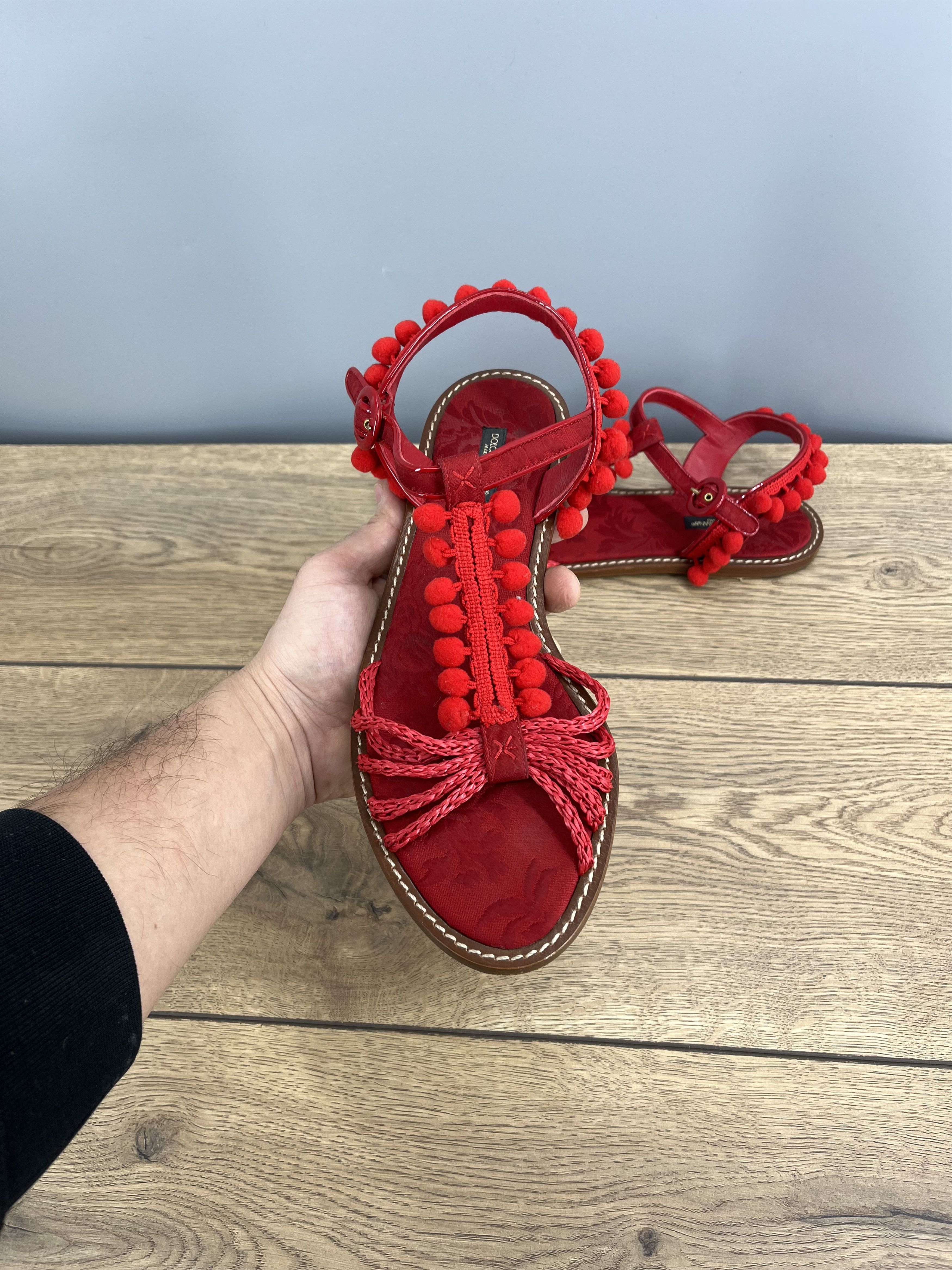 Dolce & Gabbana Vintage Dolce & Gabbana Red Leather Sandals Pom Pom Size US 9 / IT 39 - 2 Thumbnail