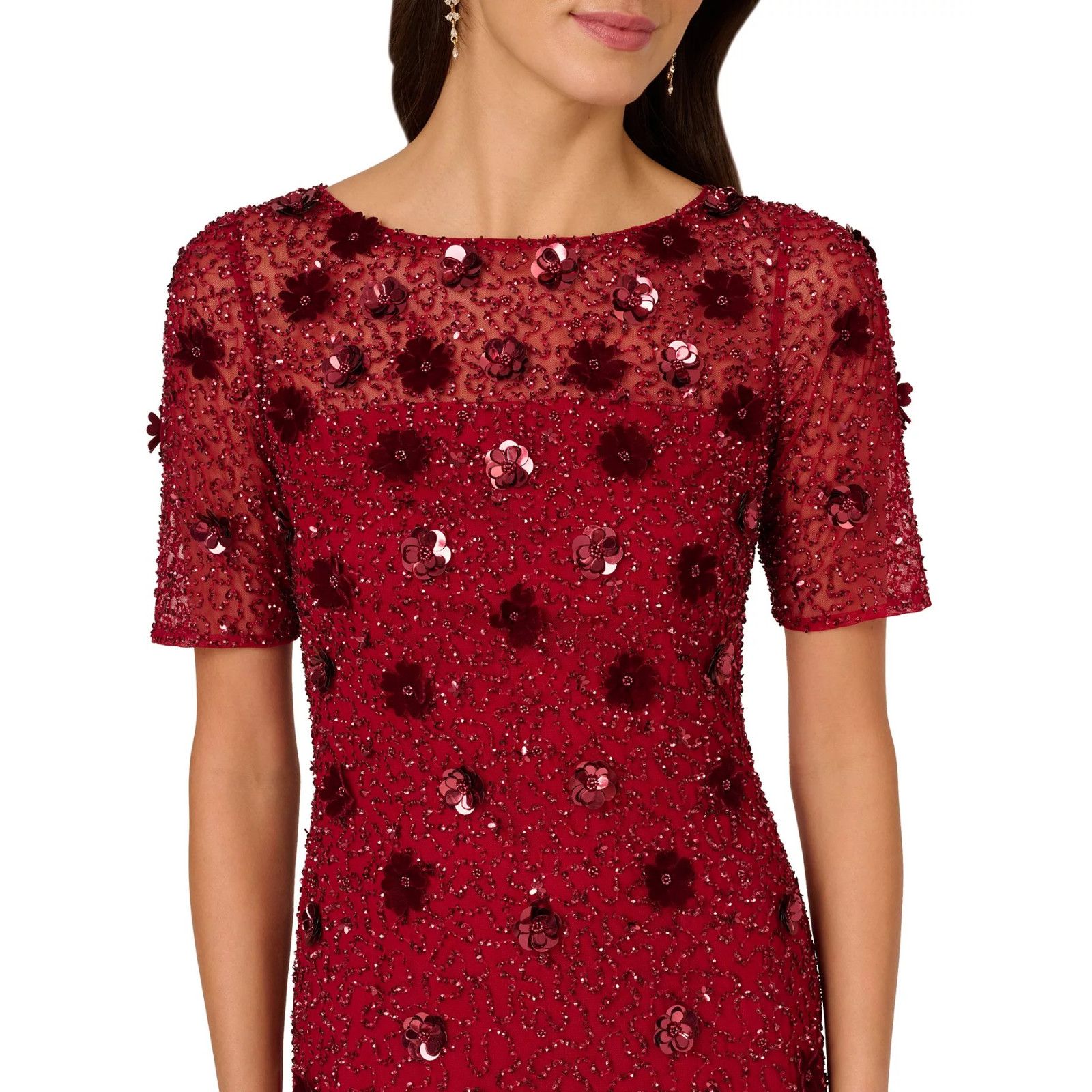 Adrianna Papell Adrianna Papell Women's Red Floral-Embellished Boat-Neck, 12 Size XL / US 12-14 / IT 48-50 - 4 Thumbnail