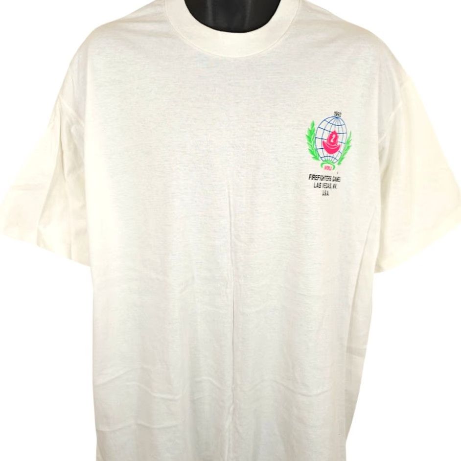 Vintage VINTAGE All Sport T Shirt Mens 2XL White 90s 1992 Vegas Made In USA Firefighter Games Graphic Tee Short Sleeve Crew Neck Size US XXL / EU 58 / 5 - 2 Thumbnail