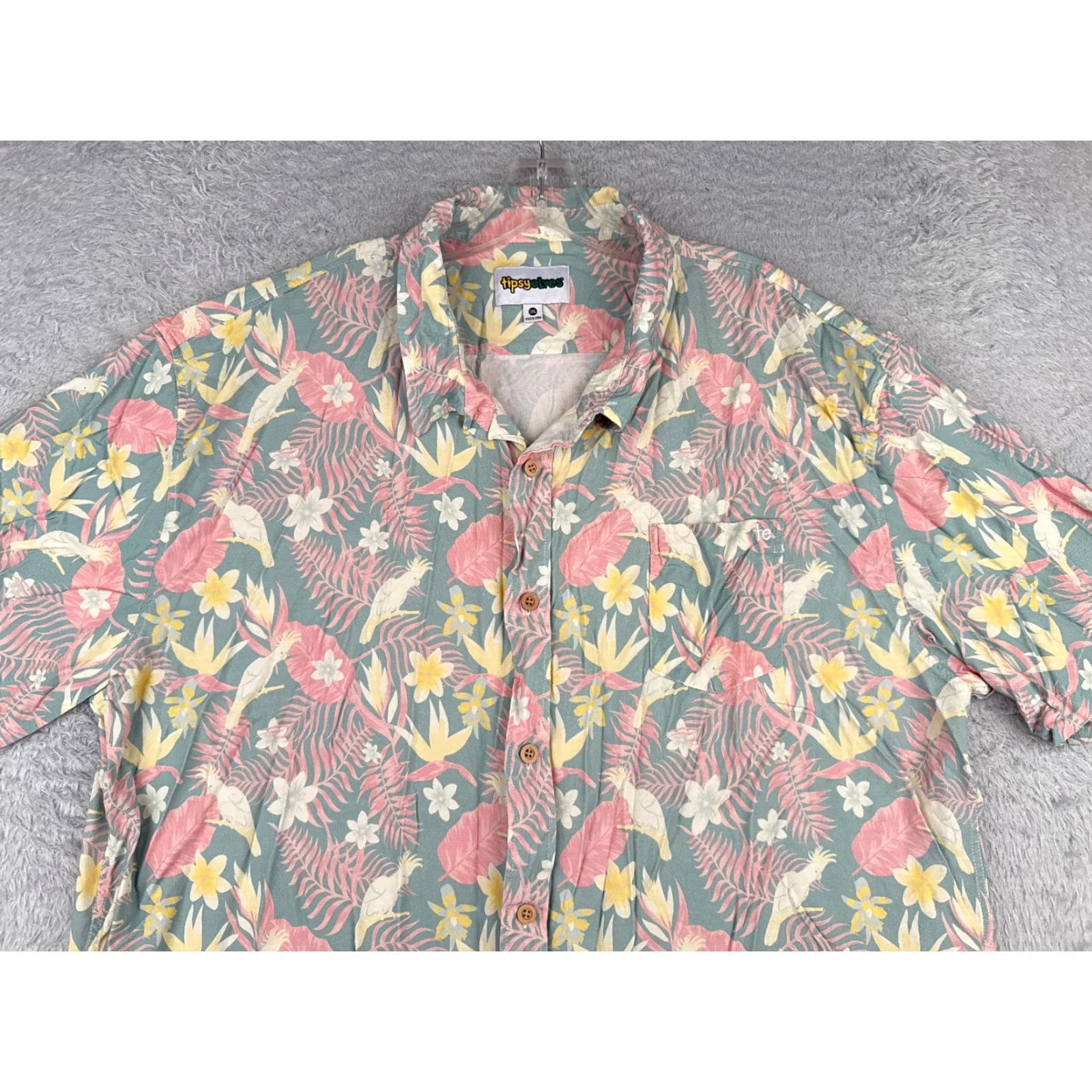 Vintage Tipsy Elves Shirt Men 3XL Floral Hawaiian Blue Grey Pink Button-Up Short Sleeve Beach Aloha Palm Mens Size US XXL / EU 58 / 5 - 4 Thumbnail