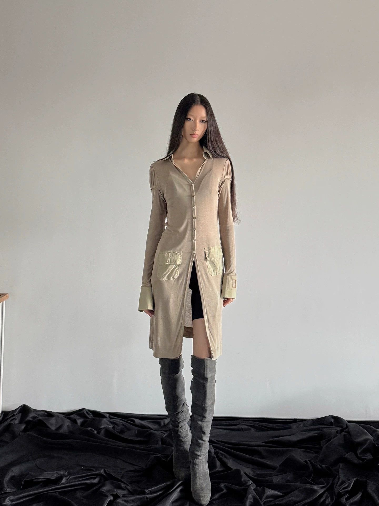 Vintage French Brand Stretch Drape Slim Long Shirt Jacket Size XS / US 0-2 / IT 36-38 - 1 Thumbnail