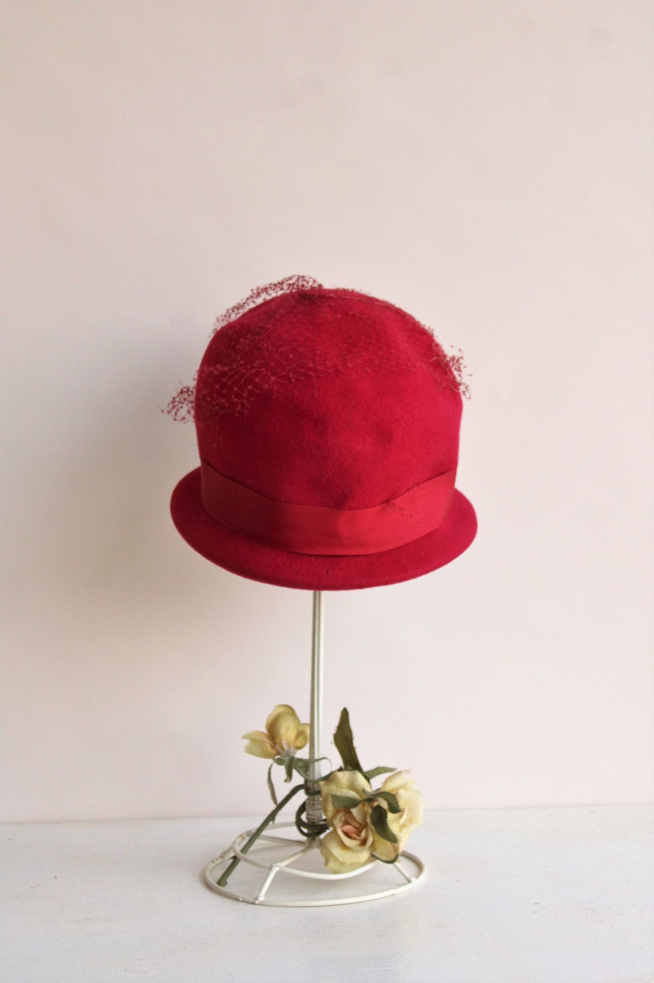 Vintage Vintage 1960s Hat, Red Wool Felt with Veil Trim and Bow, Mil Size ONE SIZE - 4 Thumbnail