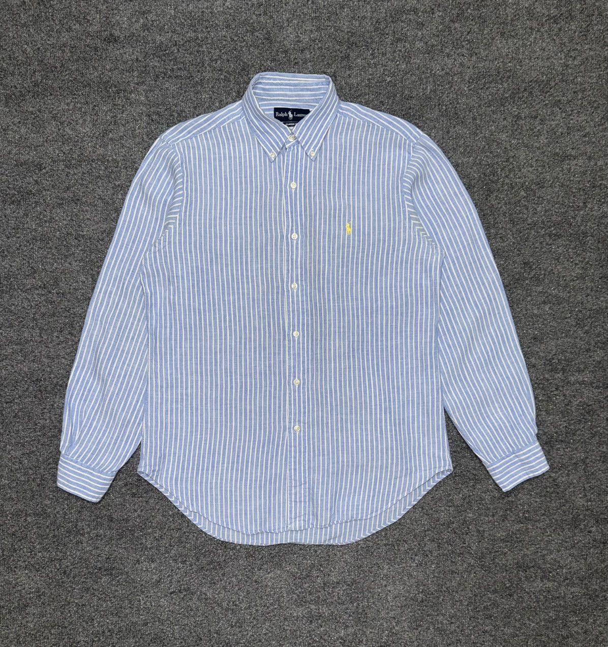 Vintage Ralph Lauren Linen Stripe Shirt Blue Yellow Pony