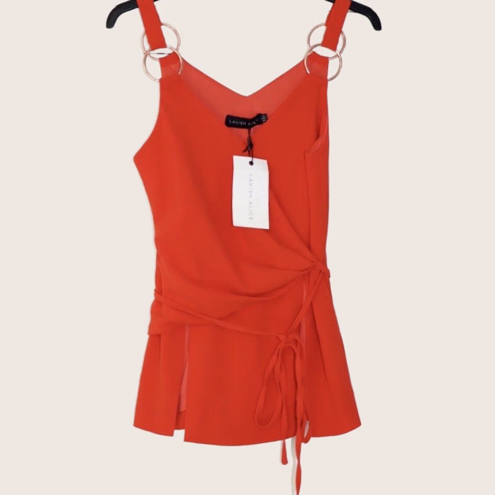 Vintage Lavish Alice Cami Top Orange Satin Tie Wrap Front Rose Gold Ring Detail UK6 Women Regular Sleeveless Party/Cocktail Casual Size M / US 6-8 / IT 42-44 - 1 Thumbnail