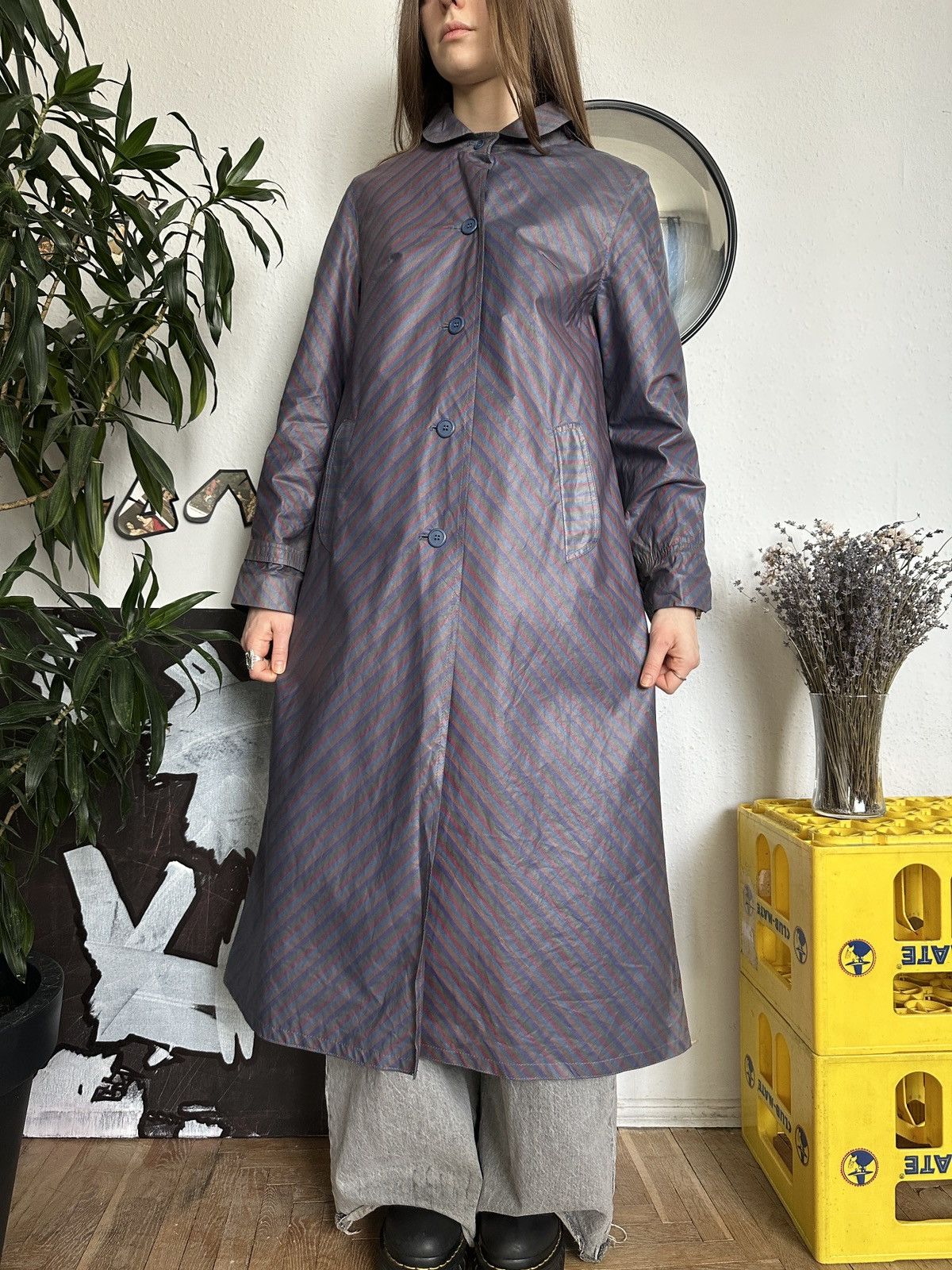 Japanese Brand × Vintage Striped Waterproof Rain Trench Hooded Coat 80s Size XS / US 0-2 / IT 36-38 - 7 Thumbnail