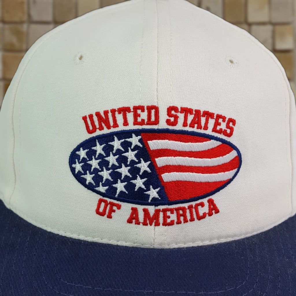 Vintage VINTAGE United States Of American USA Made Snapback Hat Baseball Cap Flag Military 90s 80s Patriotic Town Talk Adjustable Canvas Cotton Blue Mens Hat Size ONE SIZE - 1 Thumbnail