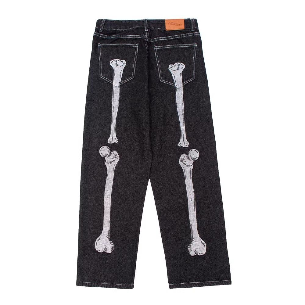 Japanese Brand × Jean Skeleton embroidery loose wide-leg trendy casual jeans Size US 33 - 1 Thumbnail