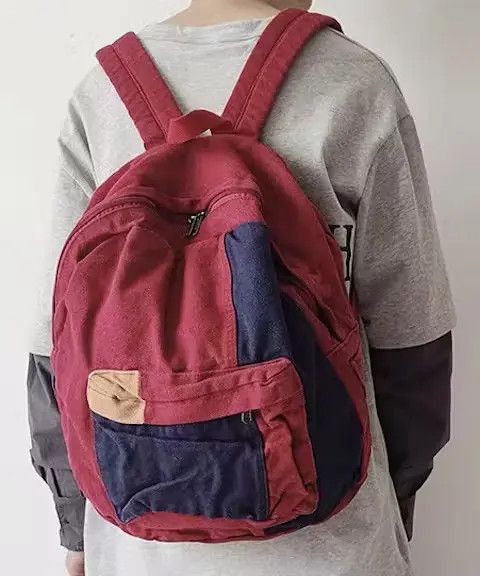 Japanese Brand Fashion patchwork canvas backpack aesthetic Size ONE SIZE - 4 Thumbnail