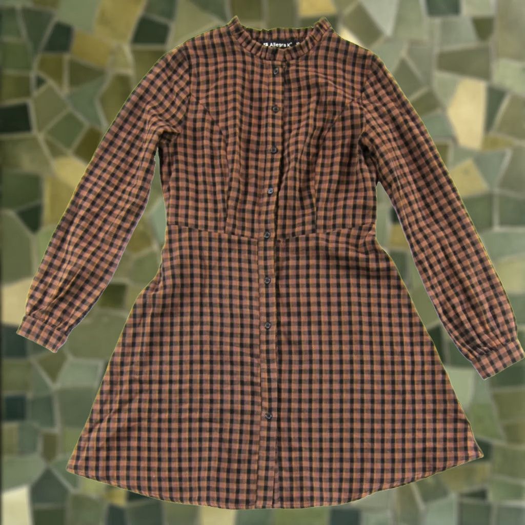 Vintage Allegra K Dress Shirt Brown Black Plaid High Ruffle Neck Button Down Long Sleeve XS Women’s Size XS / US 0-2 / IT 36-38 - 1 Thumbnail