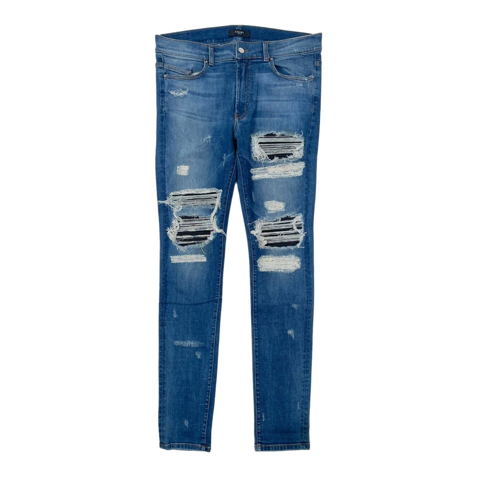 image of Amiri Mx1 Leather Patchwork Jeans Classic Indigo (2016), Men's (Size 36)