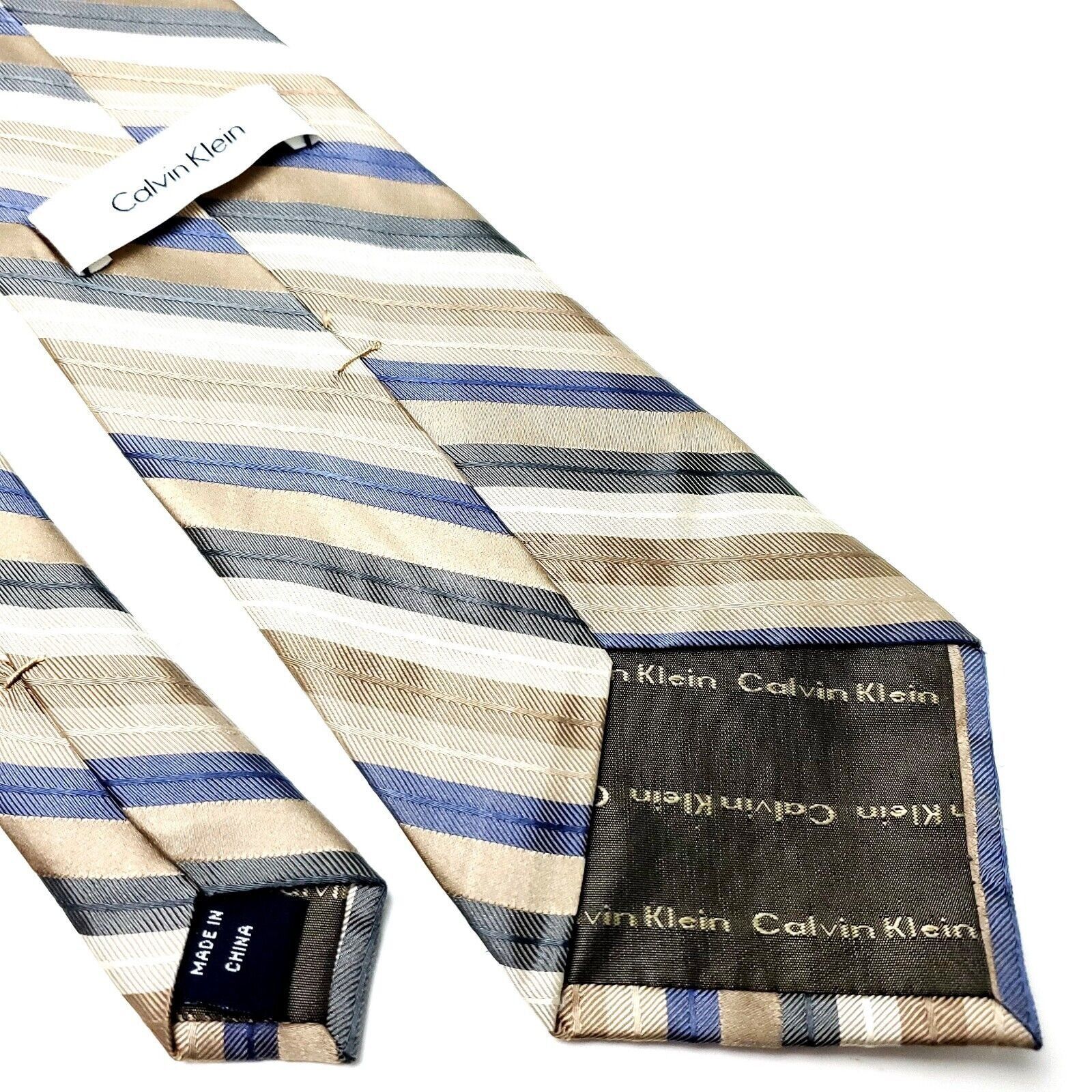 Calvin Klein Calvin Klein Silk Tie Striped Woven Tan Size ONE SIZE - 5 Thumbnail
