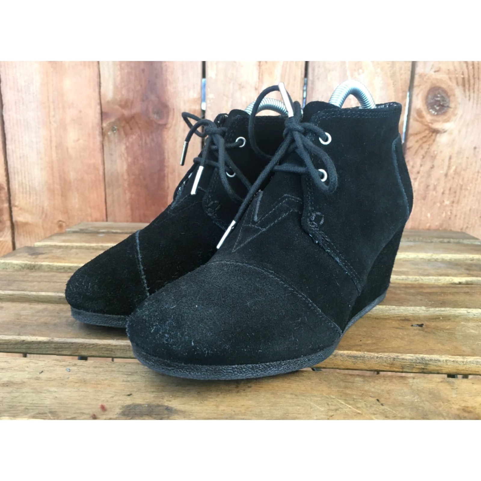 Toms TOMS Black Suede Lace Wedge Booties Womens Size 8 US 8 Ankle Boot Shaft High Heel 3 in. EUR 38.5 UK 6 Style 380515 Size US 6 / IT 36 - 2 Thumbnail
