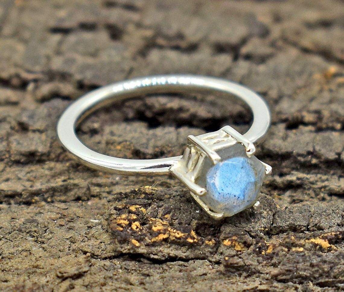 Handmade Blue Labradorite 925 Sterling Silver Ring: Boho Tiny Jewelry Size ONE SIZE - 5 Thumbnail