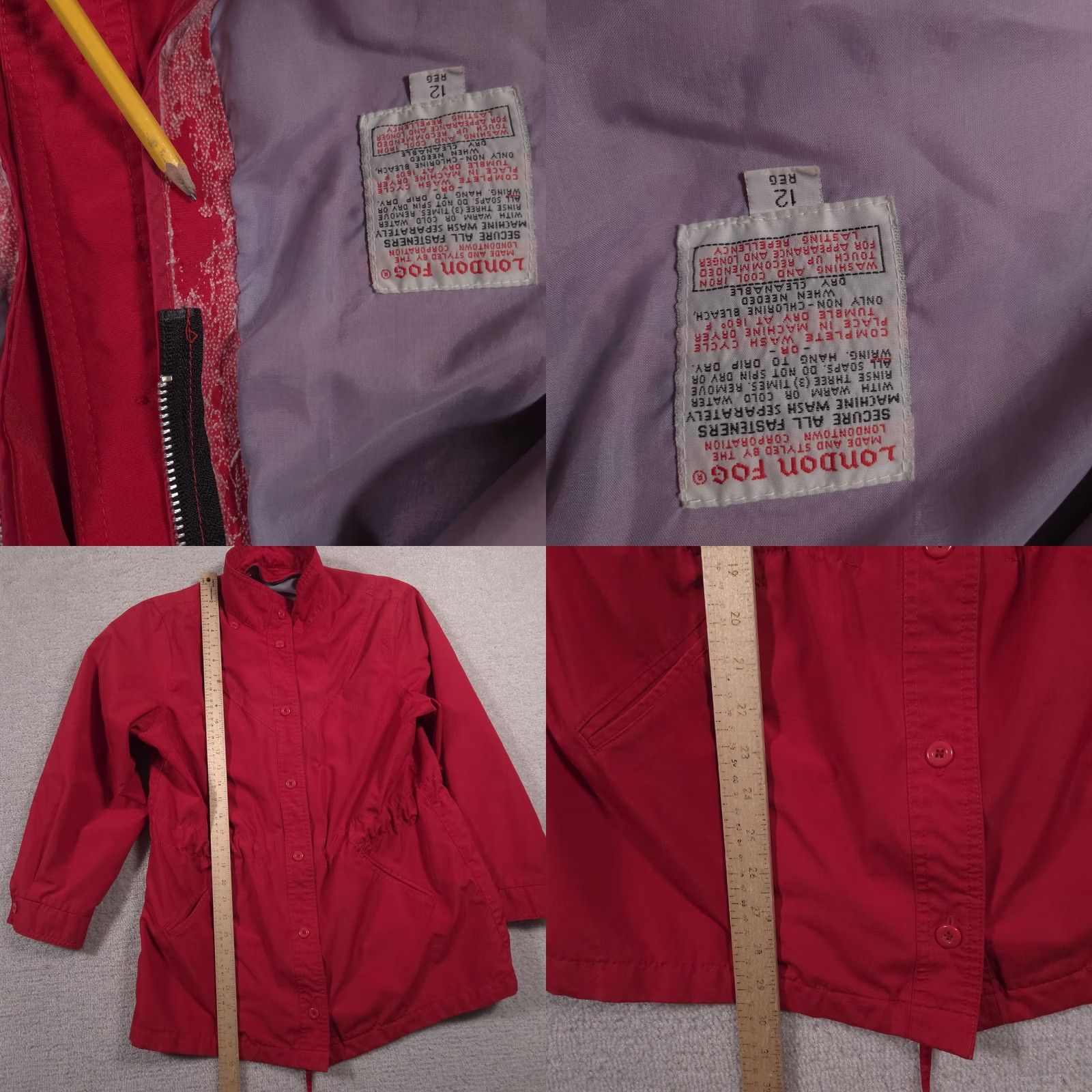 London Fog VINTAGE London Fog Women's Coat Rain Coat Red 12 Regular Waist Cinch Drawstring Hooded Full Zip Pockets Zipper Buttons Elastic Waist Lined Britches? Size XL / US 12-14 / IT 48-50 - 8 Thumbnail