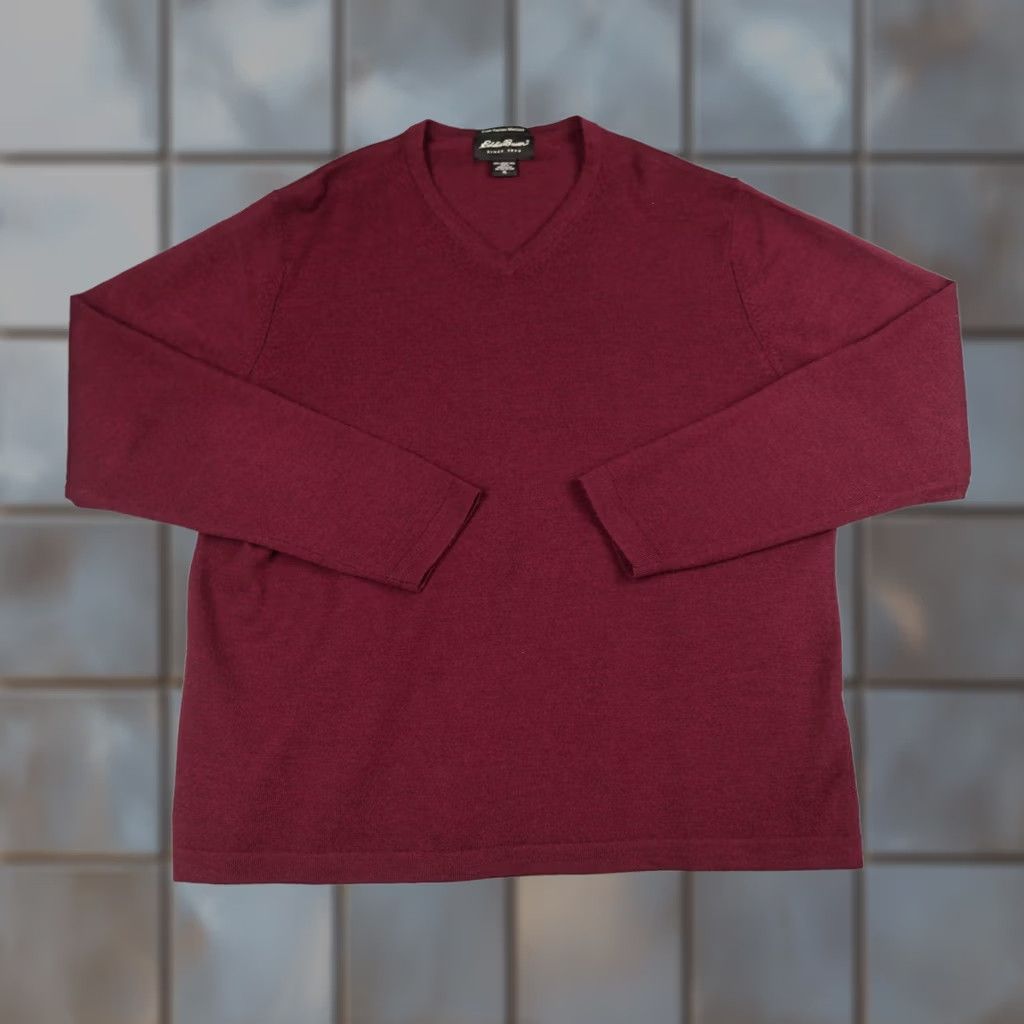 Eddie Bauer Eddie Bauer Sweater Mens XL Burgundy Fine Italian Merino Wool V Neck Pullover Size US XL / EU 56 / 4 - 1 Thumbnail