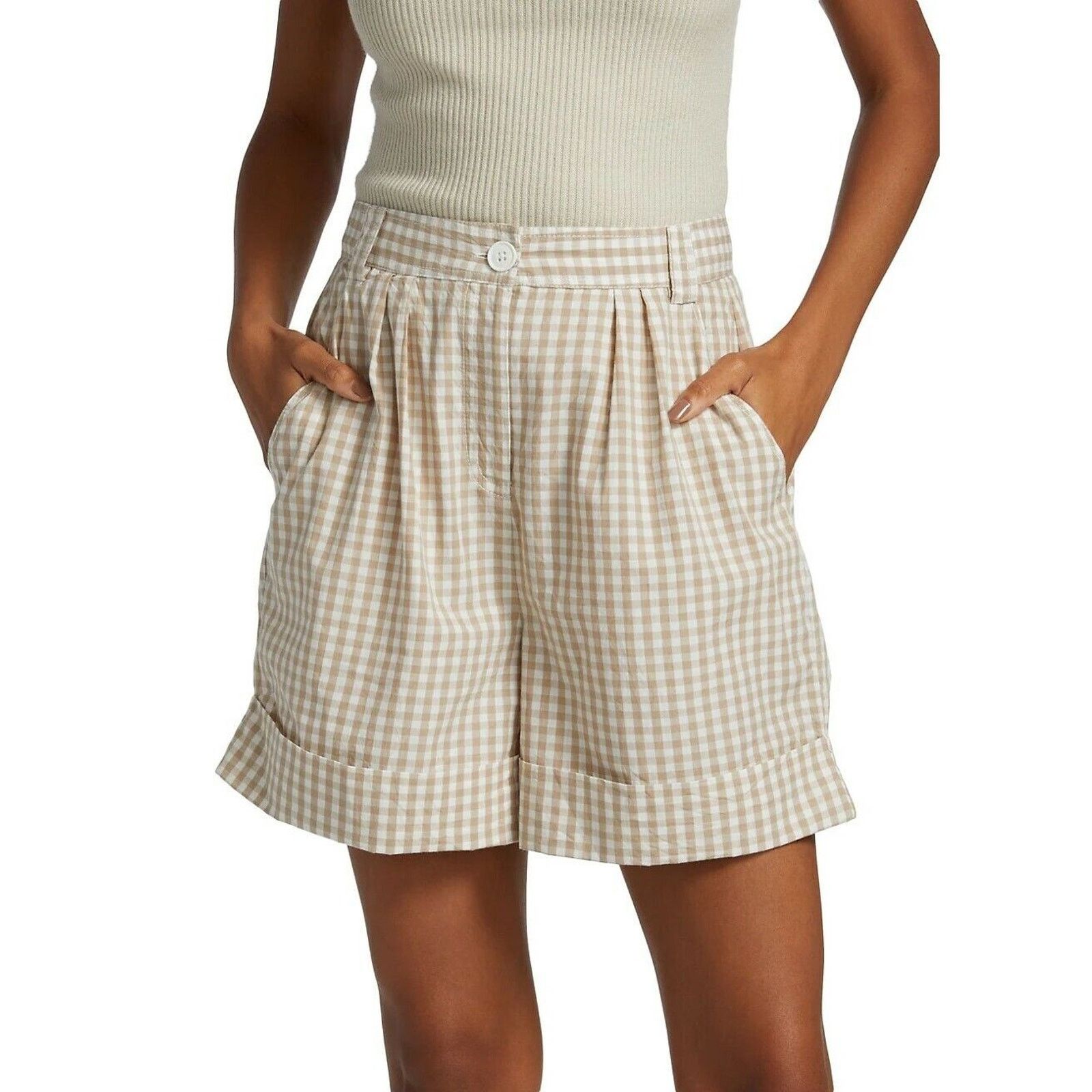 The Unbranded Brand by TiMo Women Beige Checks High Waist Pleated Shorts Size S Size 28" / US 6 / IT 42 - 1 Thumbnail