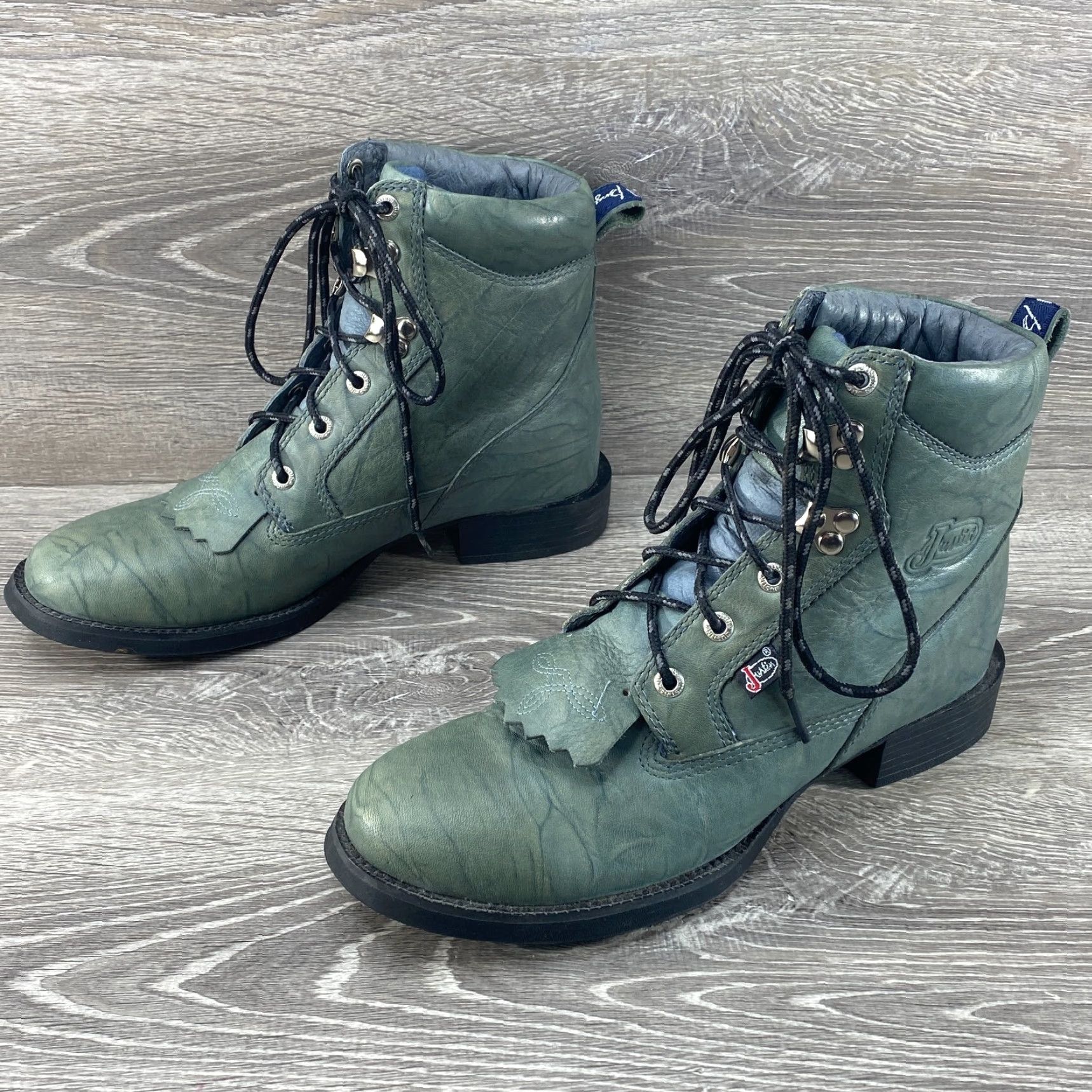Justin Boots Justin Womens 6.5B Boots Cowboy Kiltie Lace Up Lacer Green Leather George Strait - J Flex Size US 7 / IT 37 - 5 Thumbnail