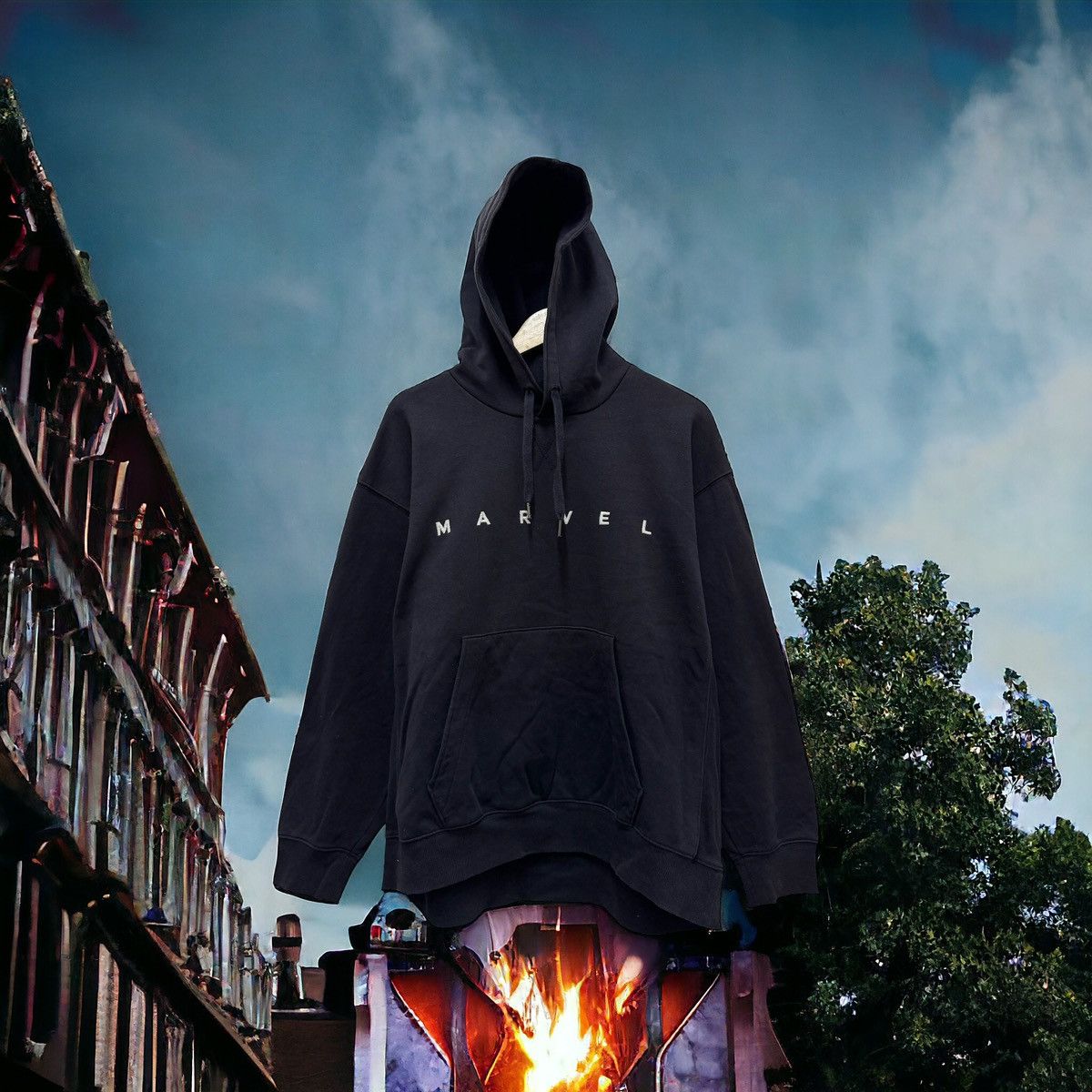 image of Gu x Marvel Comics Marvel Hoodie Embroidery Spell in Dark Blue, Men's (Size Large)