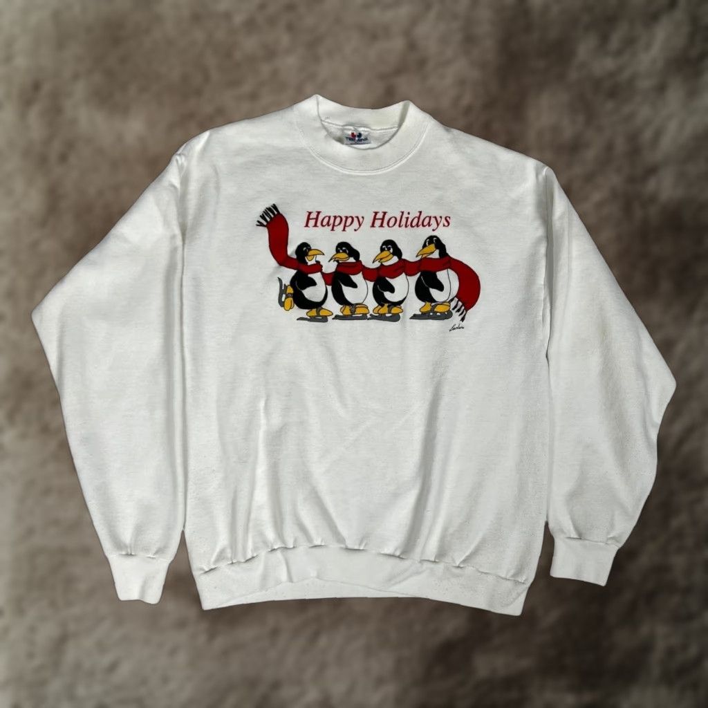 TEE JAYS VINTAGE Tee Jays Sweatshirt White Graphic Print Penguin Happy Holidays Mens XL Christmas 80s Size US XL / EU 56 / 4 - 1 Thumbnail