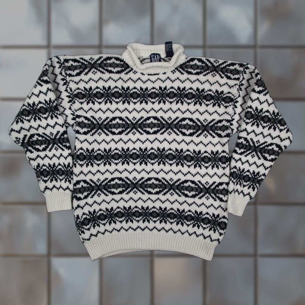 Gap VINTAGE GAP Sweater Shirt Mens Large White Blue Fair Isle Nordic Knit Mock Neck 100% Cotton Pullover Retro Winter 90s Mens Size US L / EU 52-54 / 3 - 1 Thumbnail