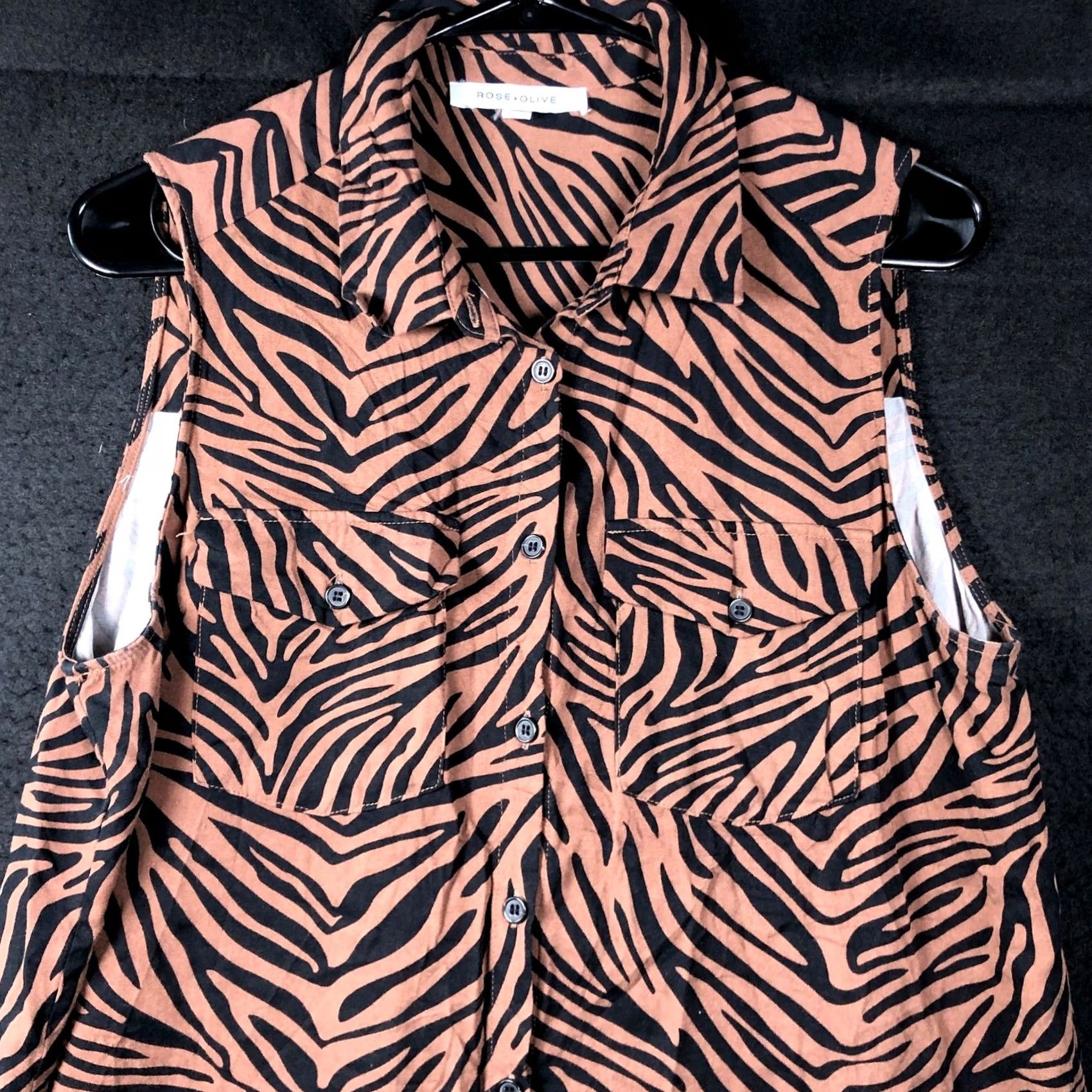 Vintage Rose + Olive Womens Blouse Black Brown Tiger Stripe Sleeveless Button Down Tunic L Size L / US 10 / IT 46 - 2 Thumbnail