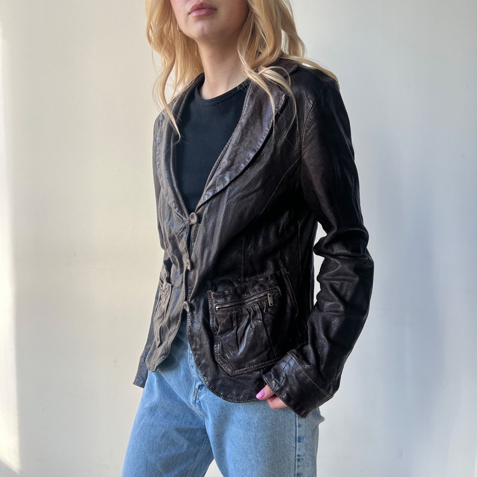Emporio Armani Vintage Emporio Armani Perforated Leather Jacket 0009BC Size L / US 10 / IT 46 - 1 Thumbnail