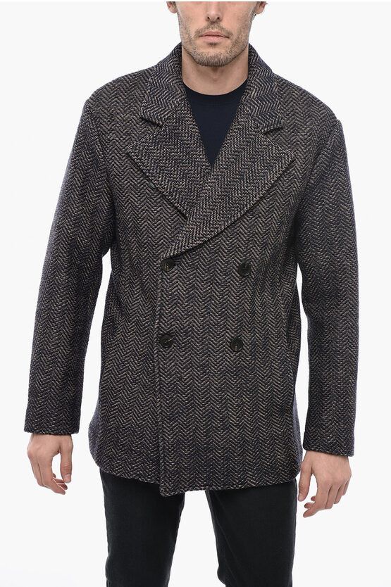 image of Etro Wool Blend Double-Breasted Coat With Herringbone Pattern in Blue, Men's (Size Large)