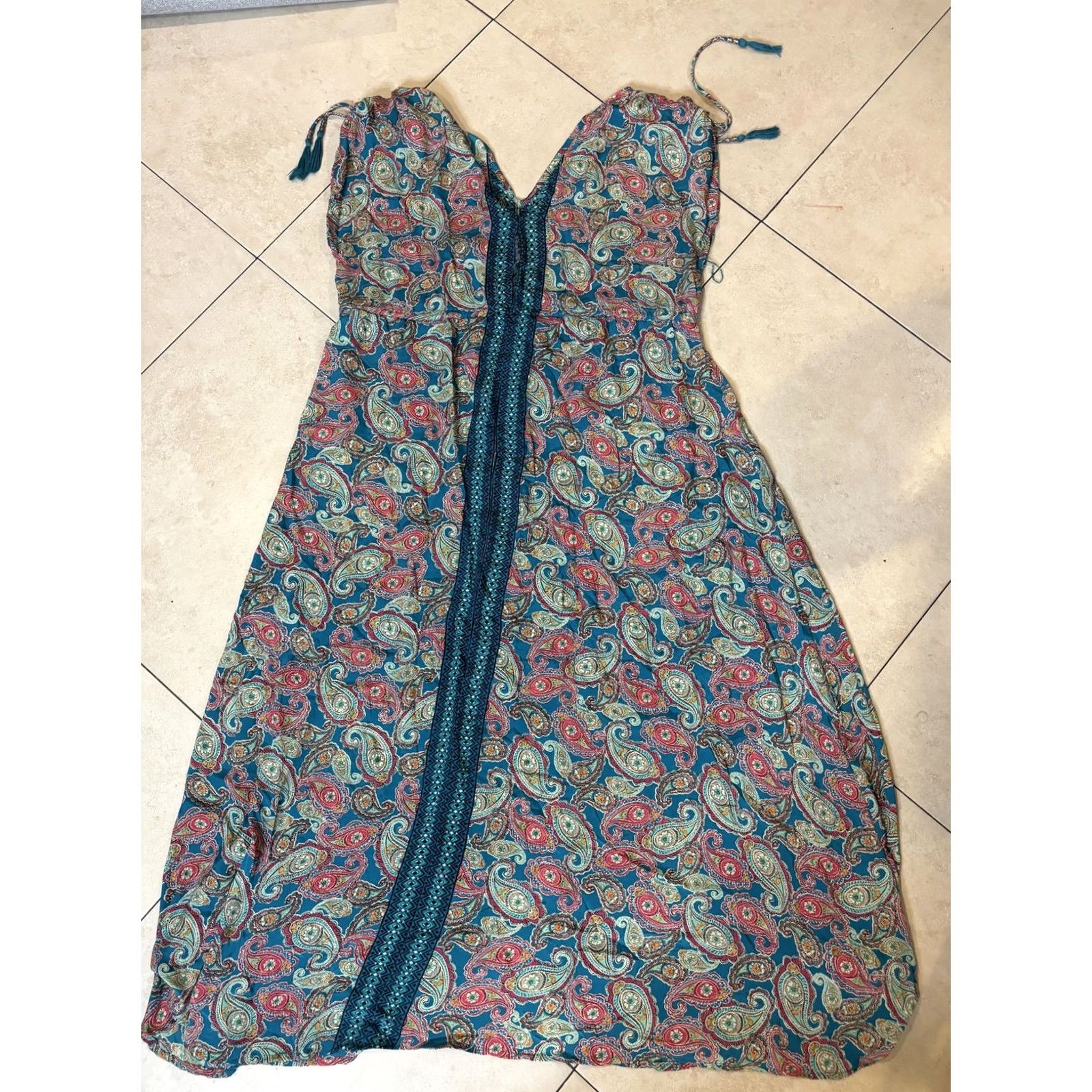 Altea Me 2 Magic Dress Womens M Teal Paisley Boho V-Neck Sleeveless Tassel Straps Beach Sundress Maxi Size M / US 6-8 / IT 42-44 - 5 Thumbnail