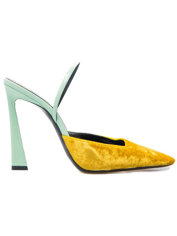 image of Saint Laurent Paris Blade Slingback Pumps In Silk Velvet And Patent Leather In Gold/light Green Sho