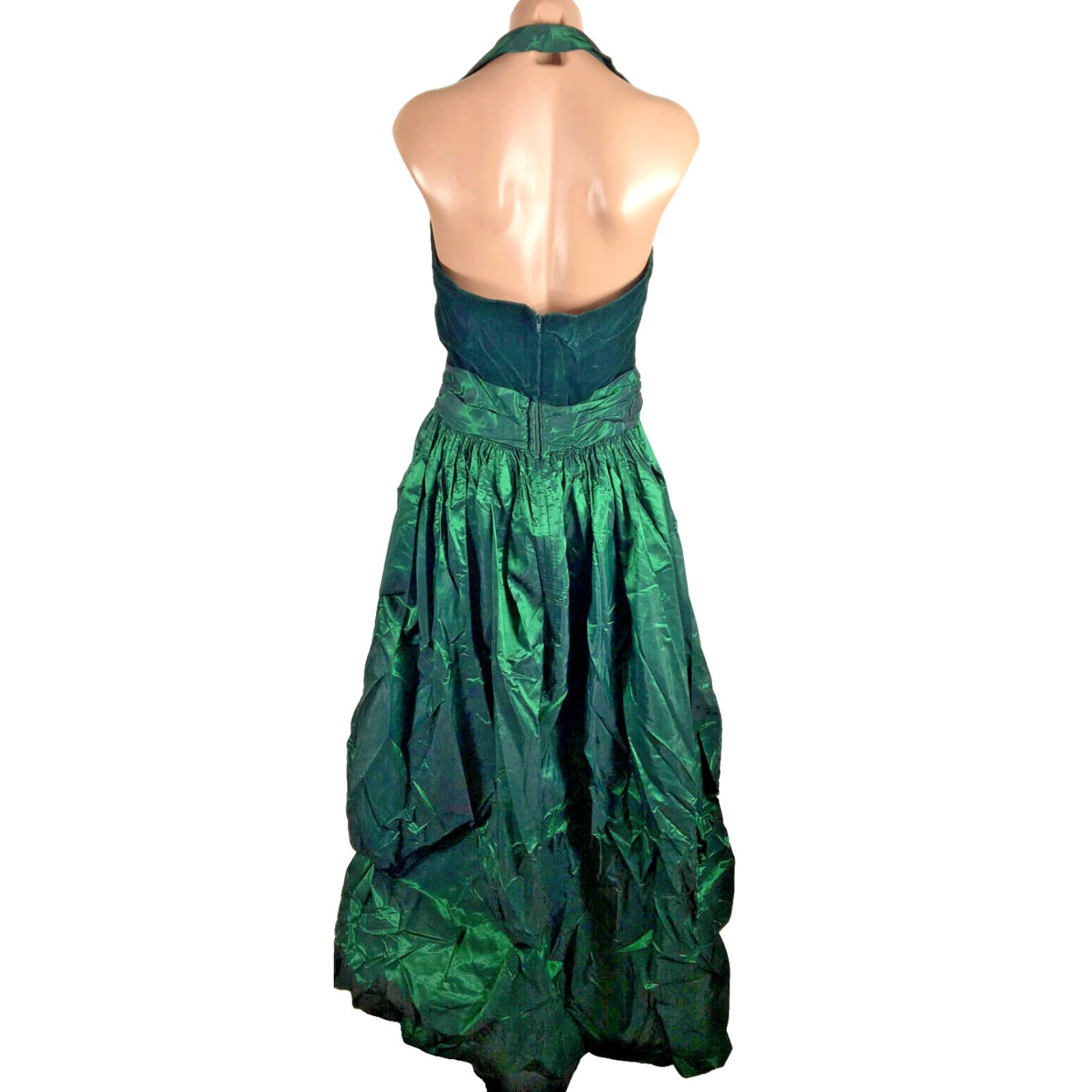 VINTAGE UNION Halter Velvet Dress Alfred Angelo Green Iridescent Taffeta  80s 8