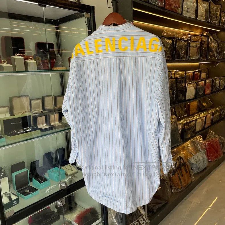 Balenciaga Balenciaga Light Blue Stripe Back Yellow Logo Long Shirt Size XS / US 0-2 / IT 36-38 - 4 Thumbnail