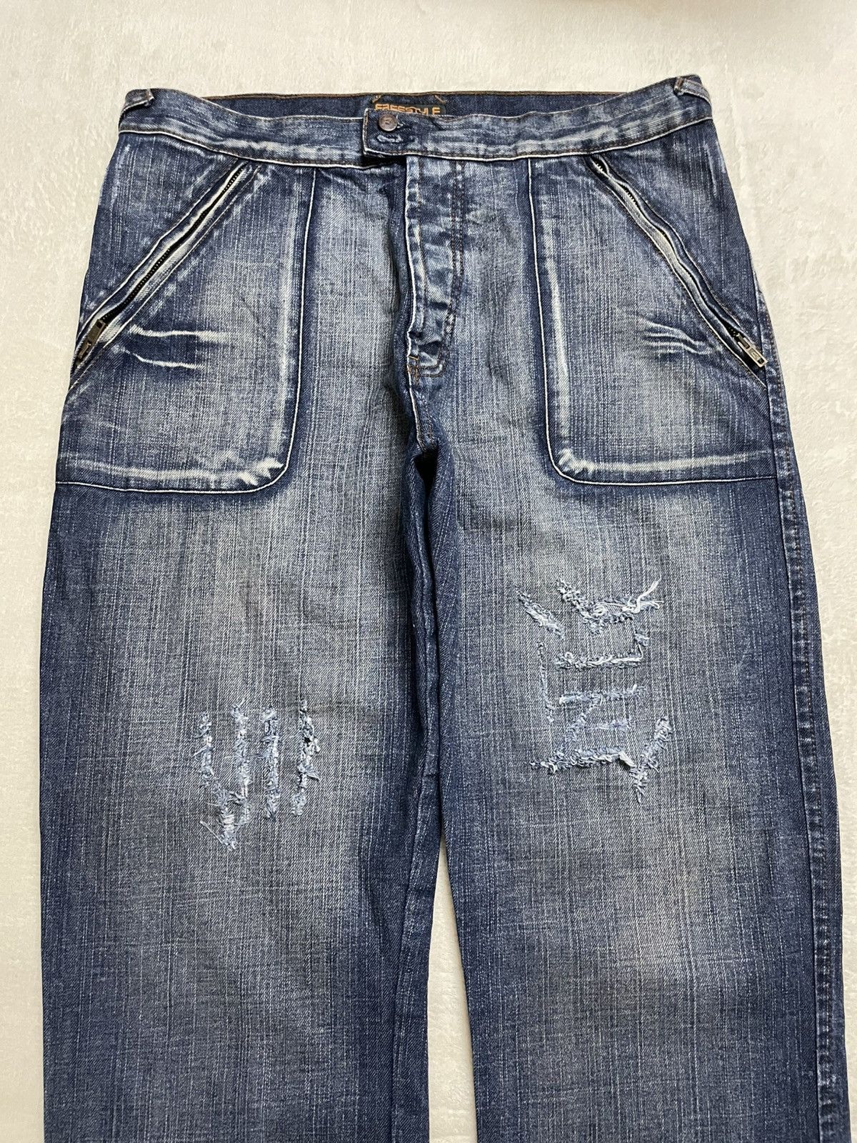 Japanese Brand Vintage AT Jeans Distress Faded Dark Blue Jeans Size US 33 - 5 Thumbnail