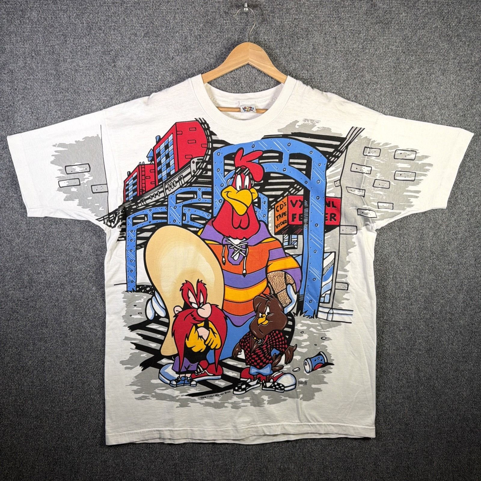 Warner Bros Vintage Looney Tunes Shirt Mens XL White 90s USA AOP Hip Hop Size US XL / EU 56 / 4 - 1 Thumbnail