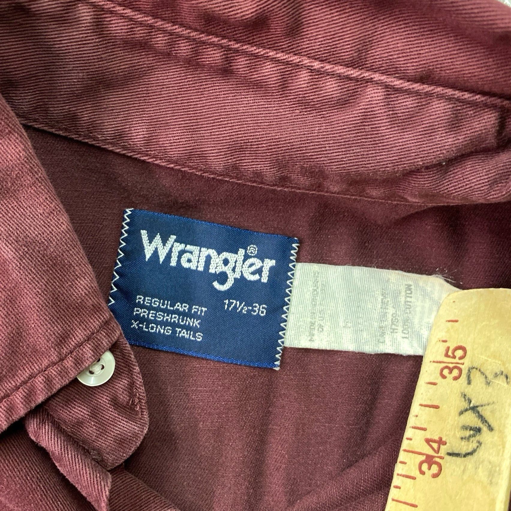 Wrangler VINTAGE Wrangler Shirt Heavy Work Maroon Western Cowboy Pearl Snap Shirt Men’s Size XL 17-36 Red Cotton Denim Button-Up Long Sleeve Logo 80s work Size US XL / EU 56 / 4 - 2 Thumbnail