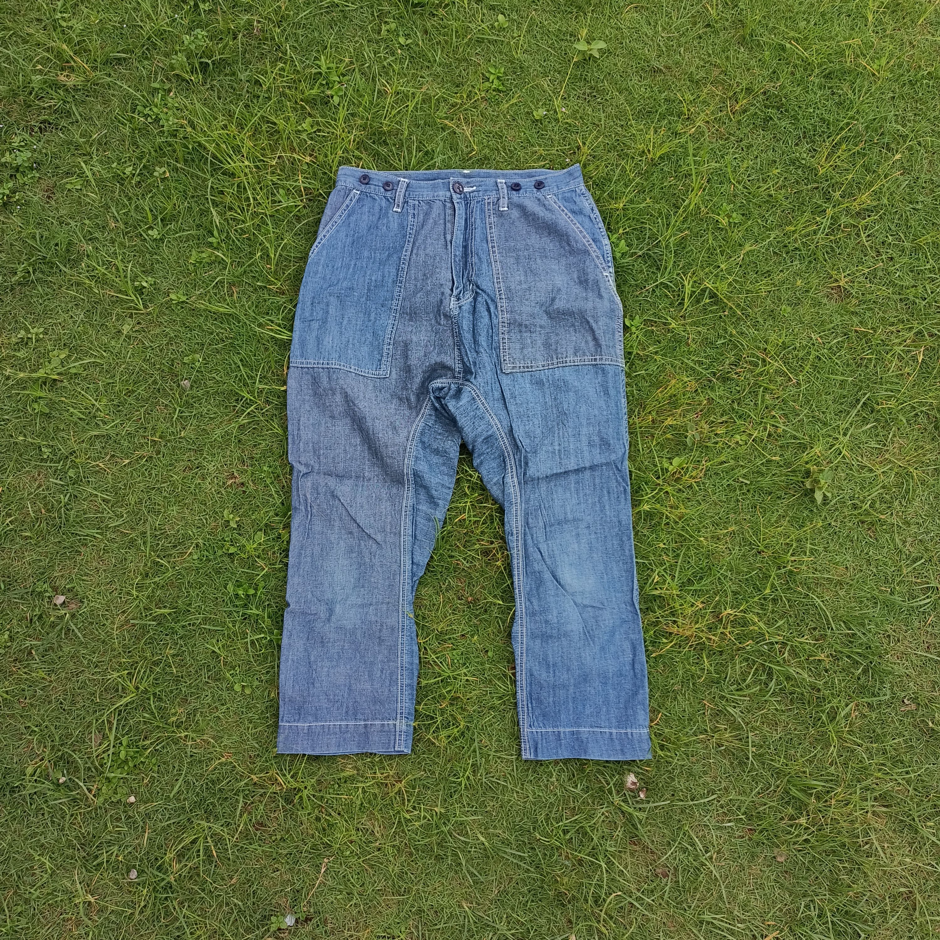 image of Issey Miyake x Ne Net Ne-Net Panelled Drop Crotch Cropped Pants in Blue Denim, Men's (Size 29)
