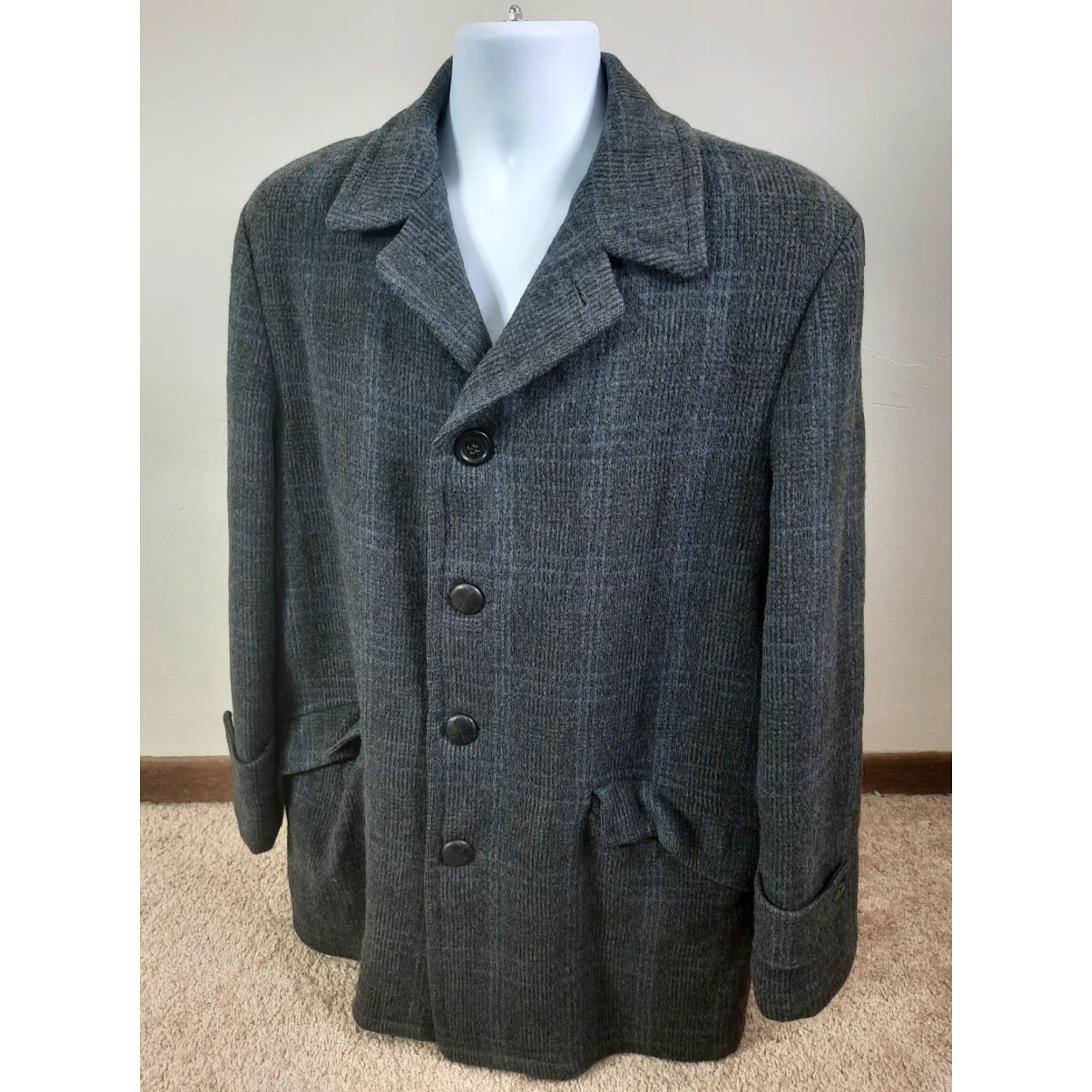 Vintage VINTAGE Fox Knapp PEACOAT WOOL COAT Gray Plaid Men's XL Coat Western Style - Mens XL Pea Coat Size US XL / EU 56 / 4 - 4 Thumbnail