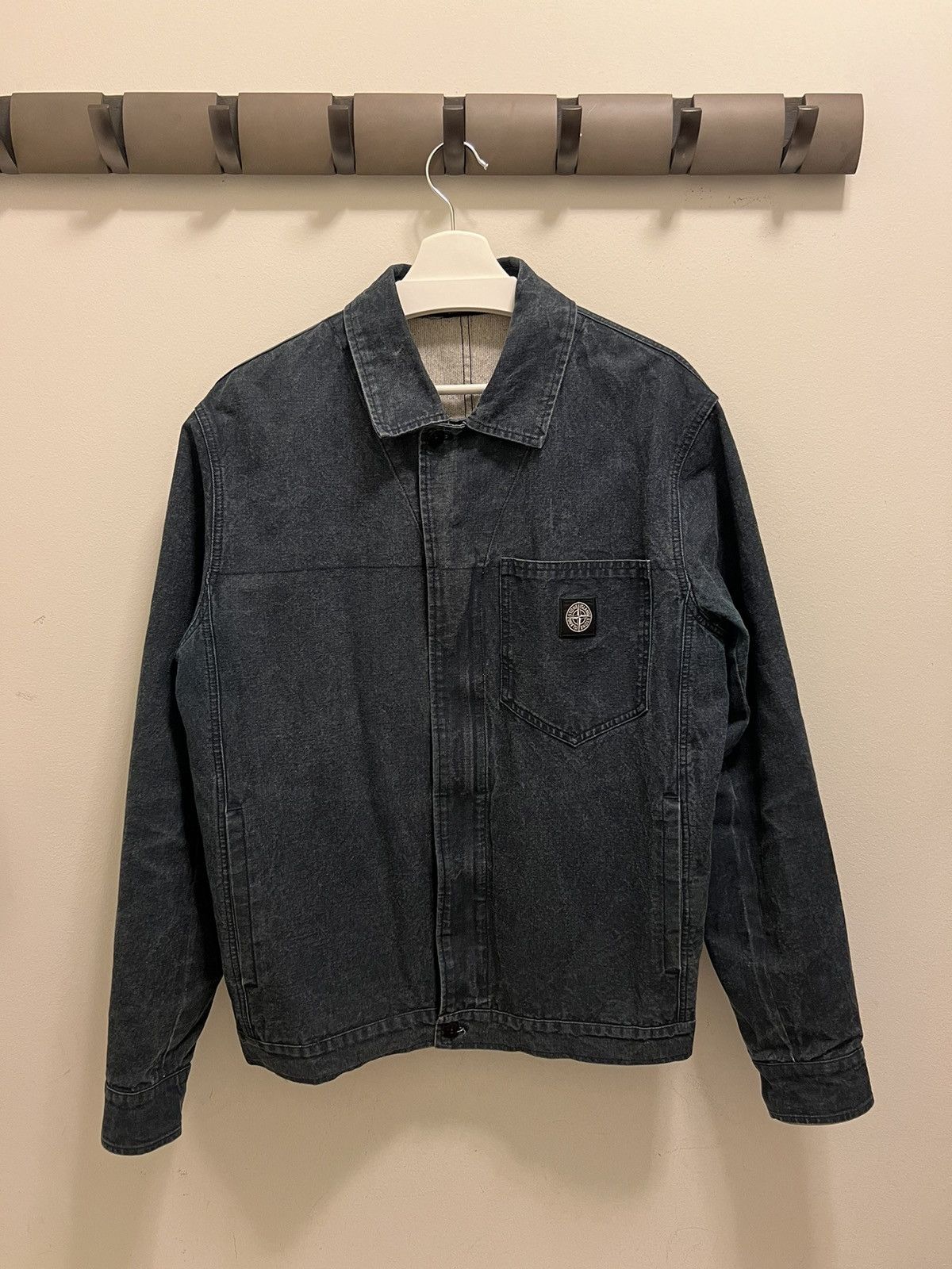 image of Stone Island Panama Placcato Denim Work Jacket Size XL in Blue, Men's