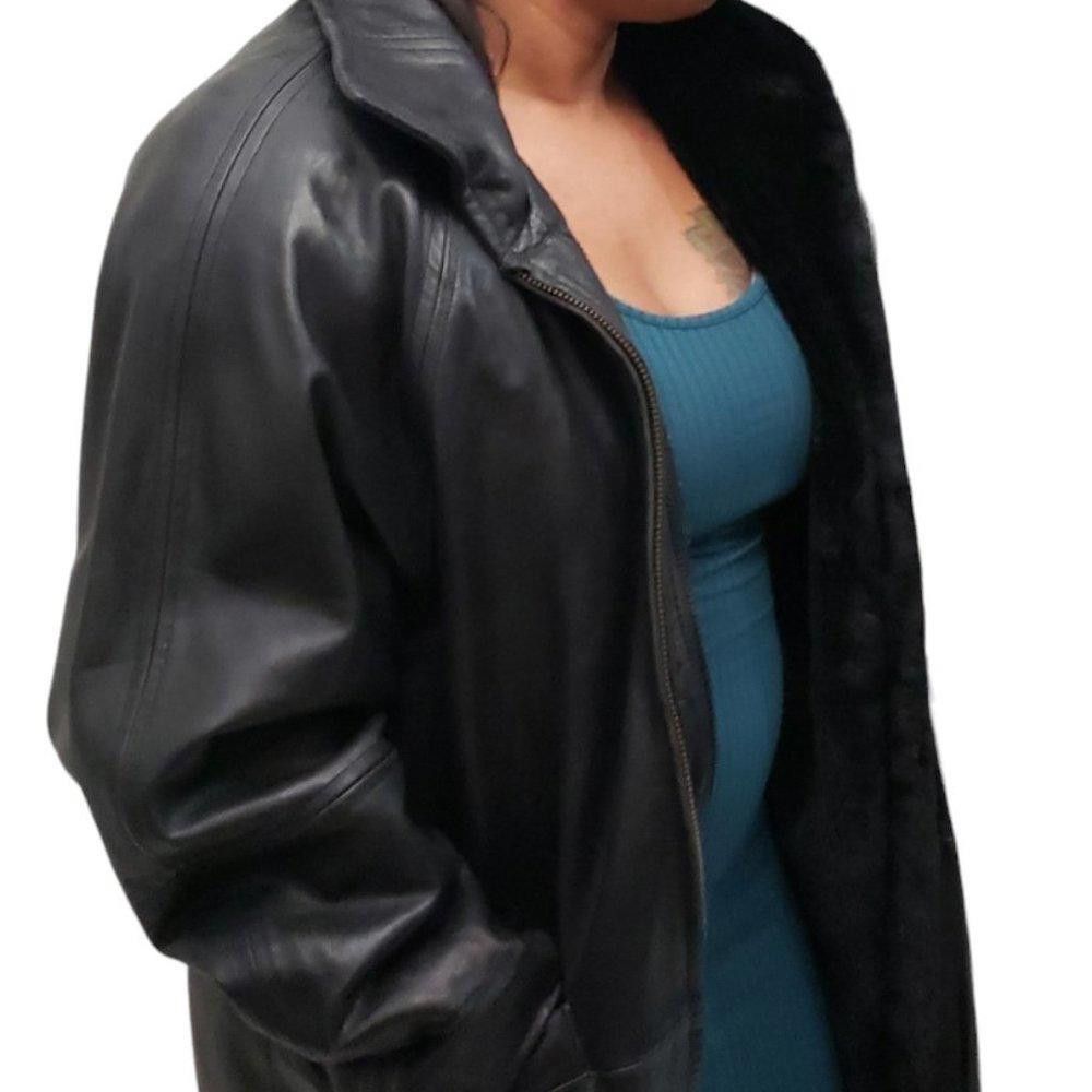 Designer Black Leather Lined Ladies Winter Coat M Size M / US 6-8 / IT 42-44 - 3 Thumbnail