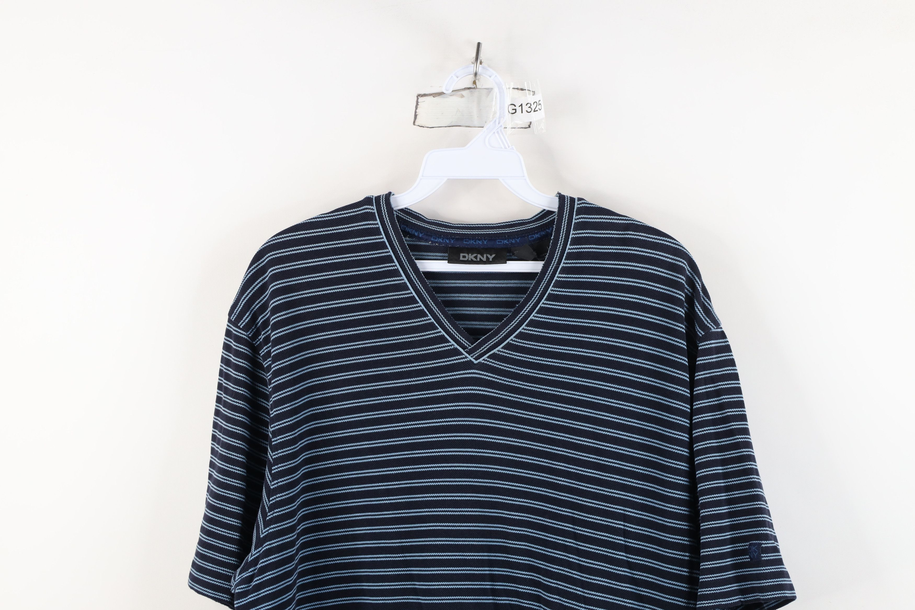 DKNY Vintage 90s Y2K DKNY Striped Thermal Knit V-Neck T-Shirt Size US L / EU 52-54 / 3 - 2 Thumbnail