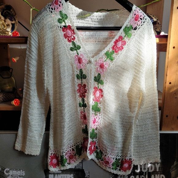 Vintage Vintage 90s crochet floral sheer cardigan handmade size m Size M / US 6-8 / IT 42-44 - 4 Thumbnail