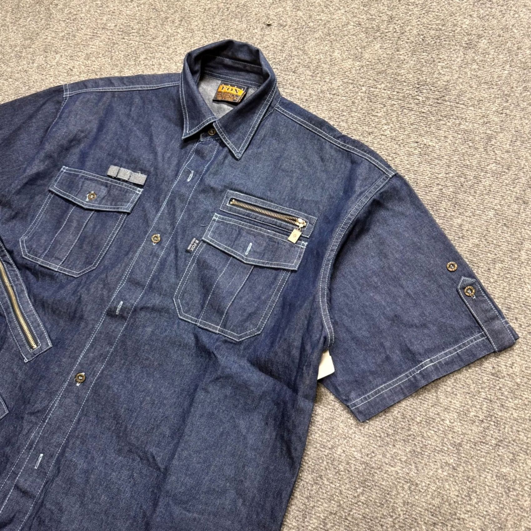 Denime VINTAGE Fox Short-sleeve Denim Work Shirt Mens XL Blue flap pockets 90s Size US XL / EU 56 / 4 - 2 Thumbnail