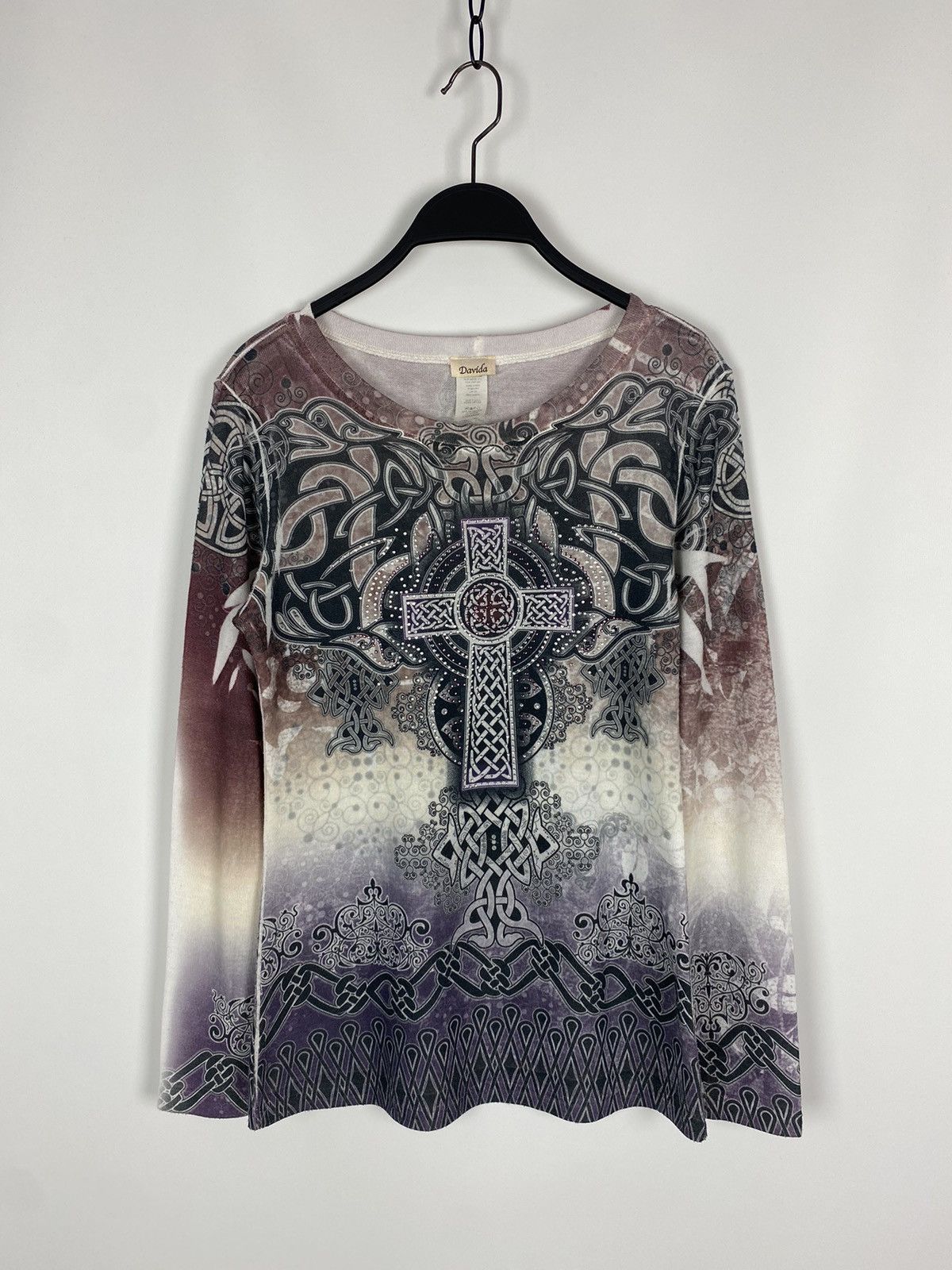 Vintage Y2K Davida Rhinstone Cross Tribal Graphic Mesh Long Sleeve Size L / US 10 / IT 46 - 1 Thumbnail