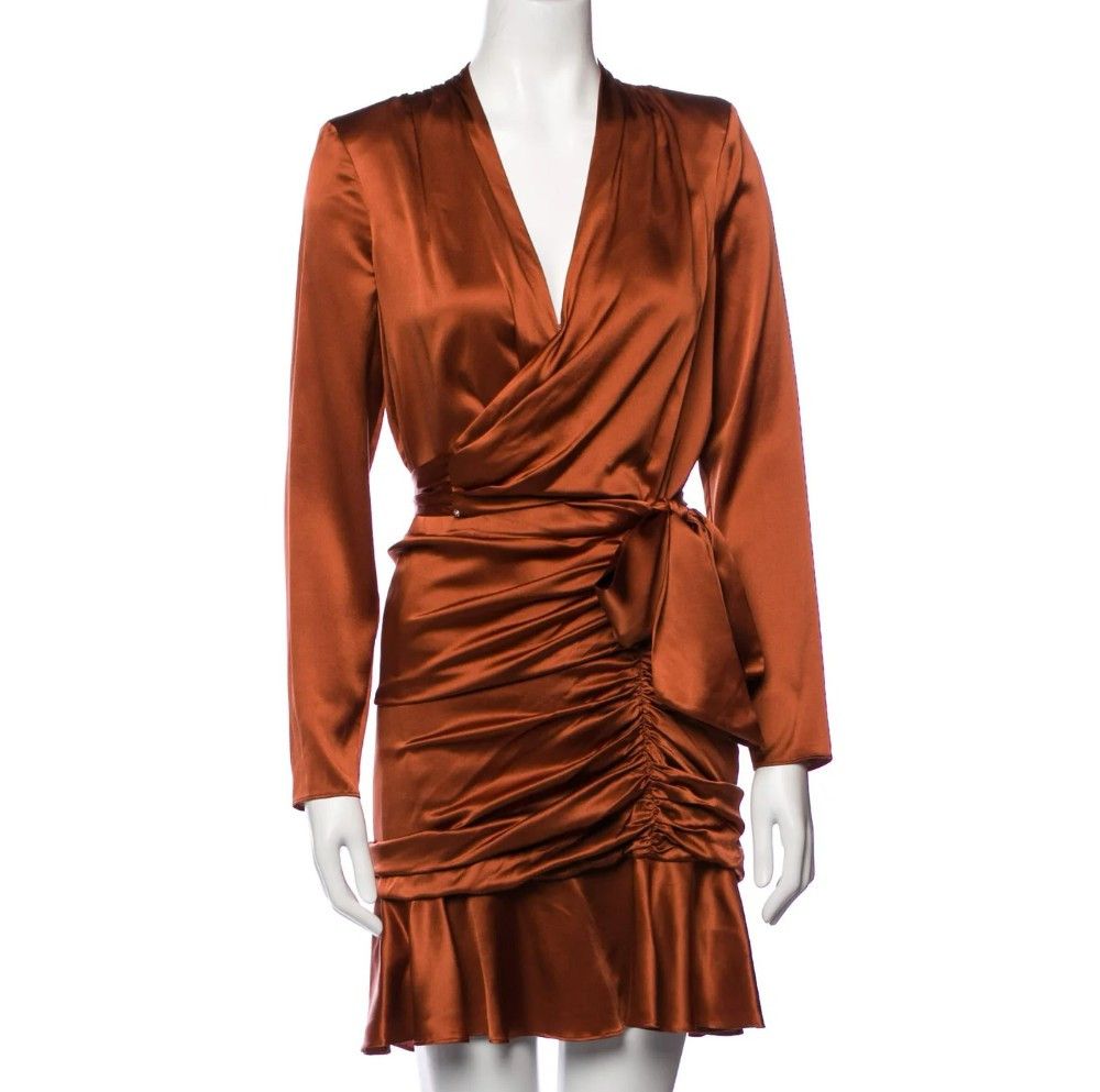 Veronica Beard Veronica Beard Agatha Cognac Silk Satin Wrap Ruched Dress Size XXS / US 00 / IT 34 - 7 Thumbnail