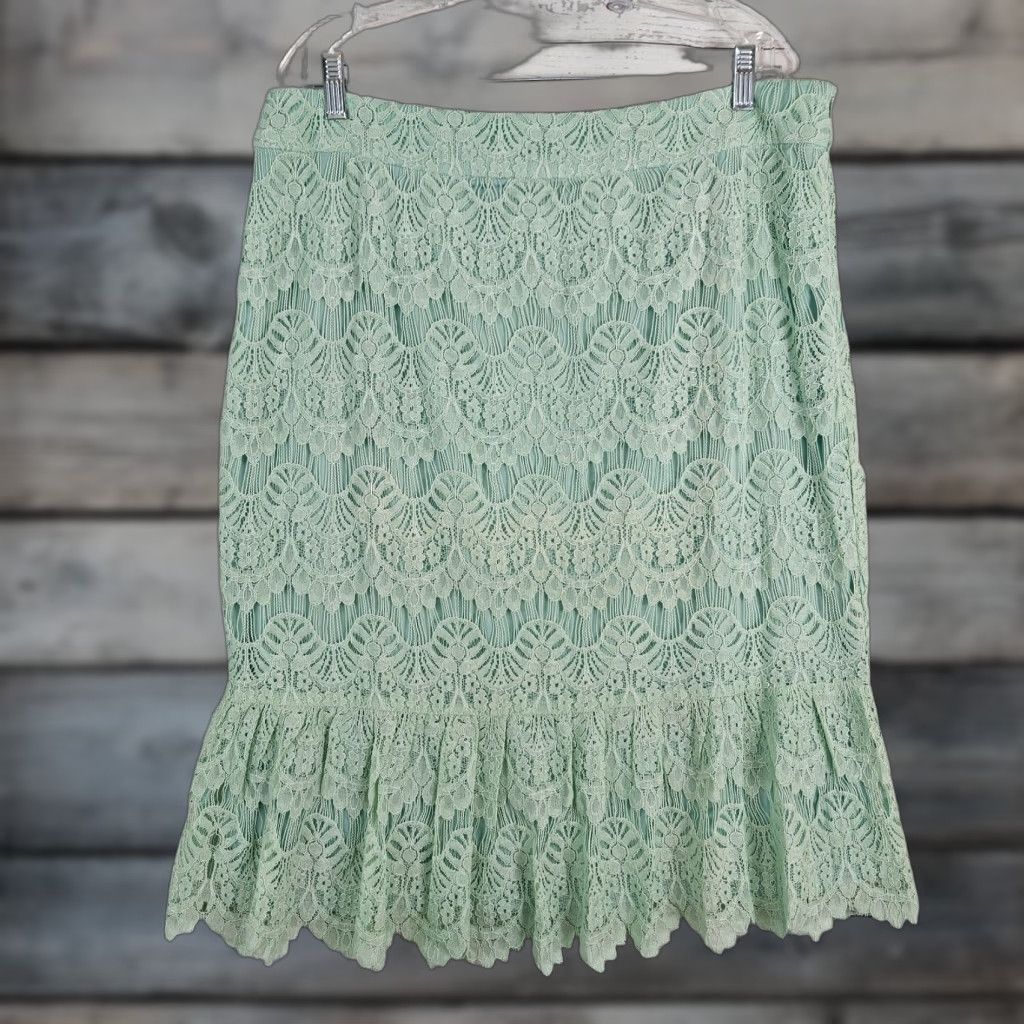Vintage Dainty Jewells Skirt XL Green Lace Overlay Side Zip Womens Knee Length A-Line Size 40" / US 18 - 1 Thumbnail