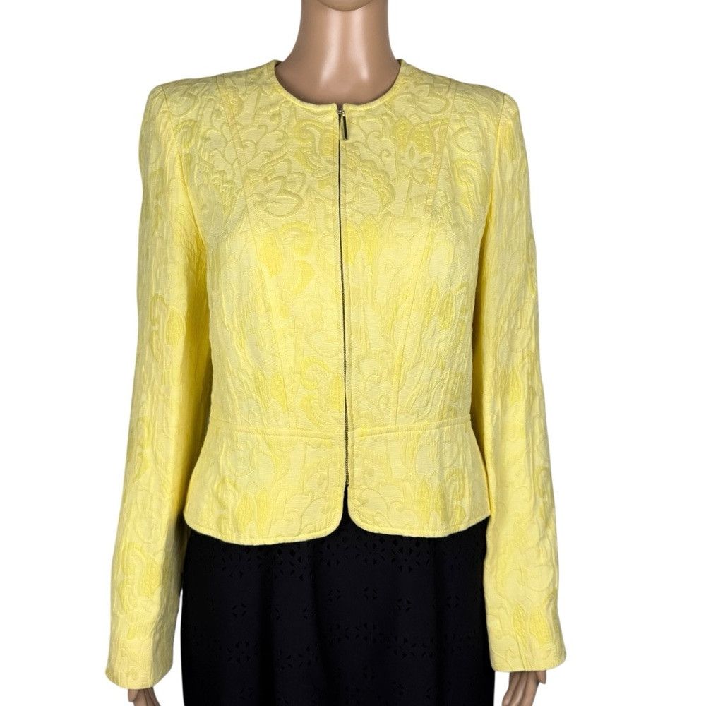 LOUBEN Louben Yellow Textured Floral Cotton Zip Front Jacket Size Size S / US 4 / IT 40 - 1 Thumbnail