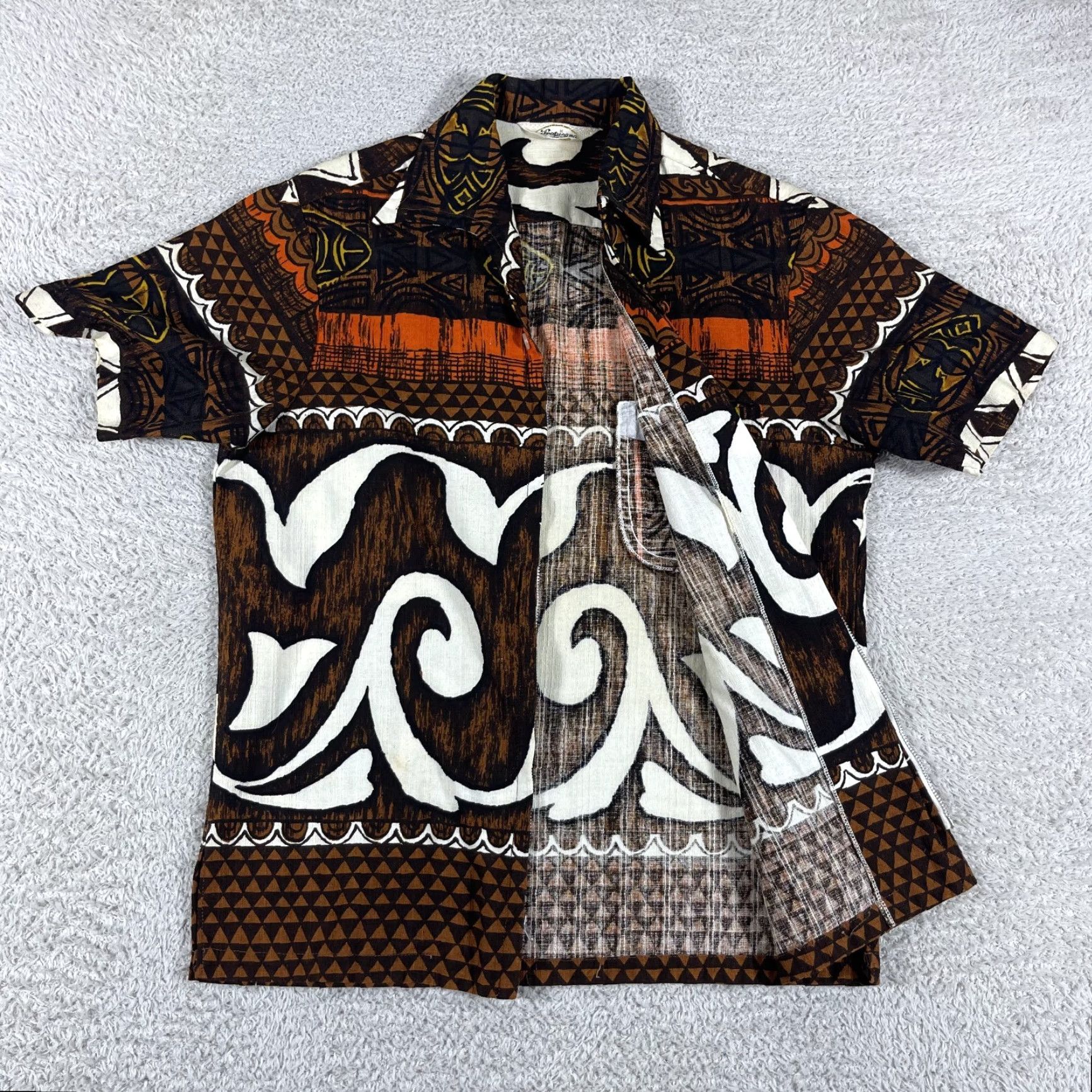 Vintage VINTAGE Tropicana Hawaiian Shirt Mens M Barkcloth Full Zip 60s Loop Cabana Geometric Short Sleeve Brown Zip Button-Up Mens Size US M / EU 48-50 / 2 - 2 Thumbnail